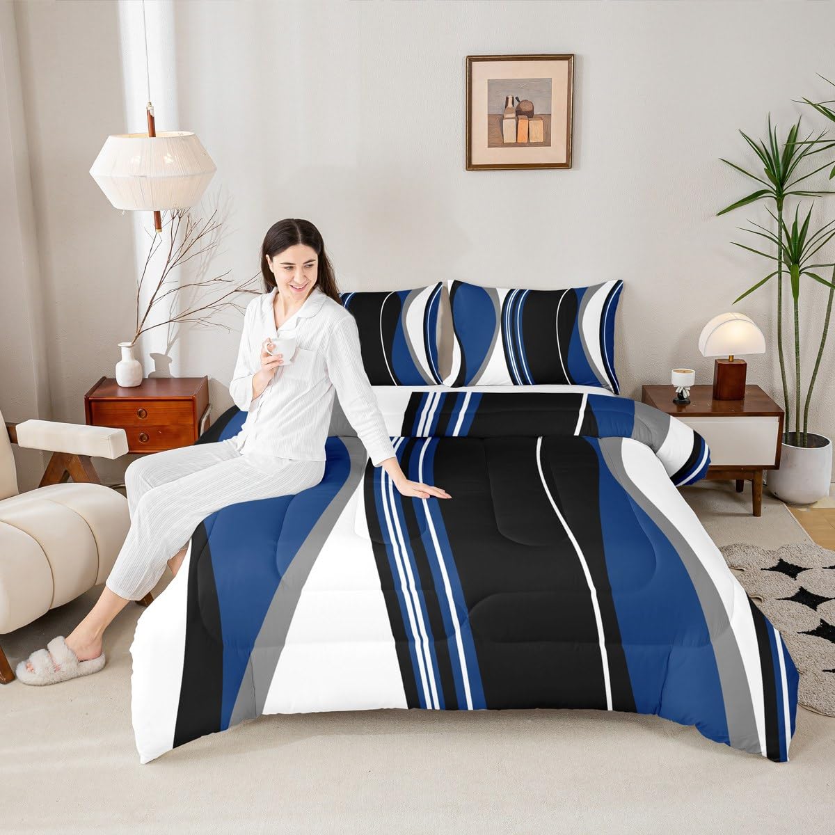 Erosebridal Blue Black Abstract Queen Comforter Set for Adult Women Men Grey Modern Striped Bedding Set Geometric Stripes Lines Bed Set Contemporary Art Boho Quilt Set for Minimalist
