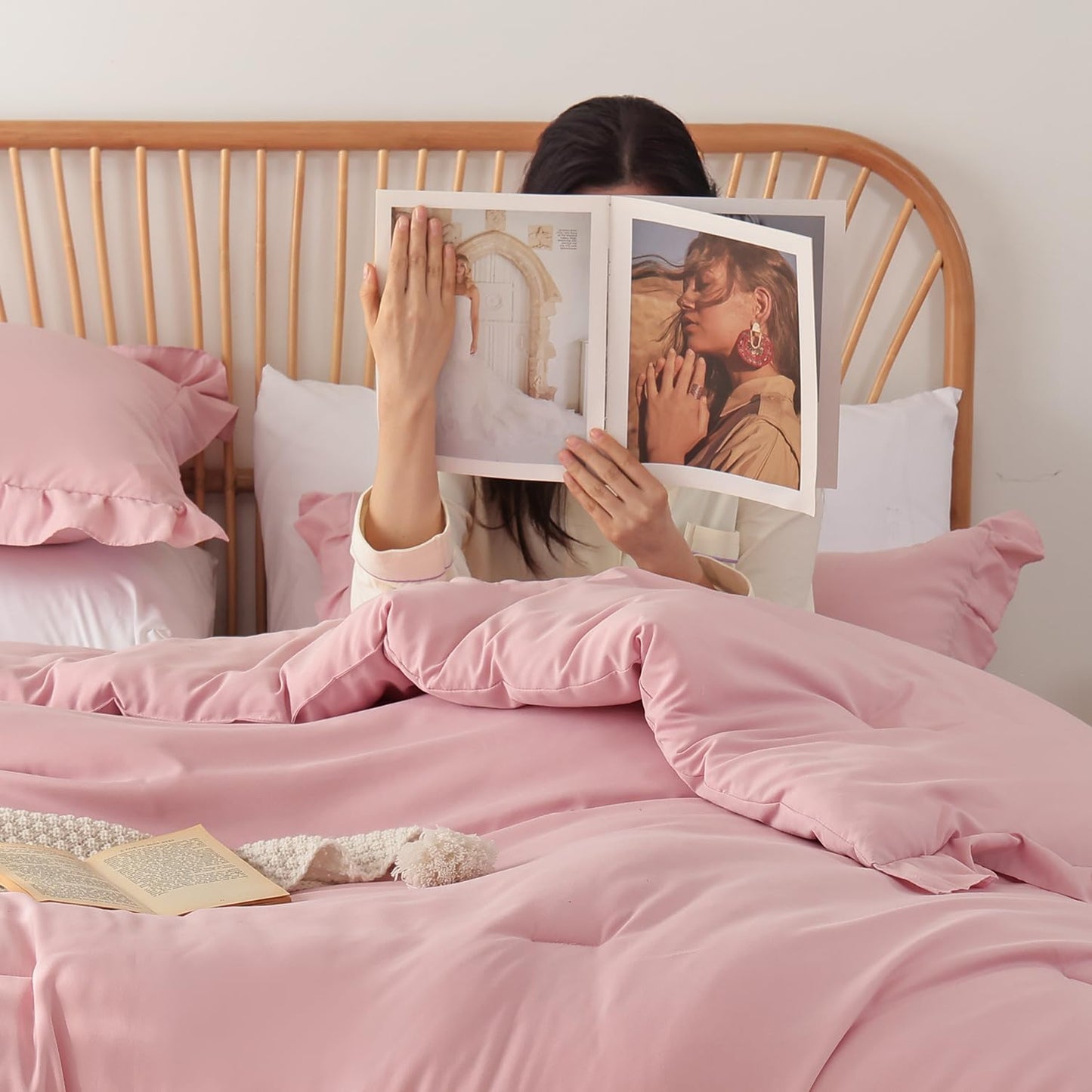 JANZAA Baby Pink Comforter Set Queen – Soft Microfiber, Lightweight All Season Bedding, Ruffle Shabby Chic Aesthetic, Breathable Cozy Bed Set with 2 Pillow Shams, Machine Washable