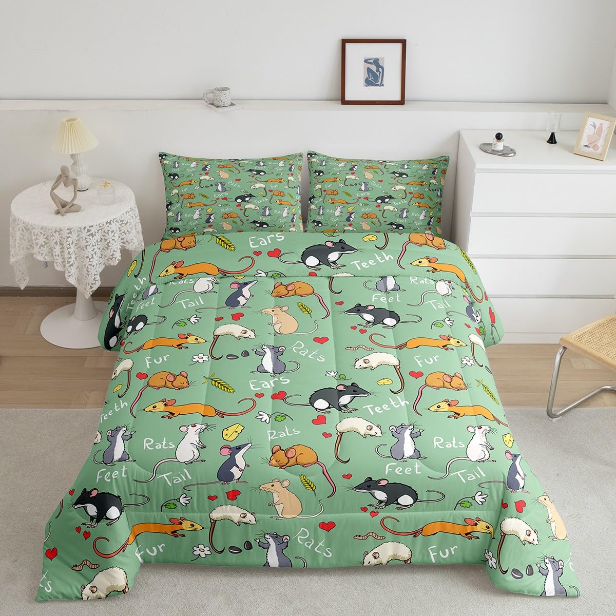 Erosebridal Kids Rat Comforter Set, Mouse Rodents Bedding Set Twin Size, Funny Animal Love Heart Duvet Sets for Boys Girls Children Bedroom, Cartoon Style Duvet Insert Decorative Room, Green
