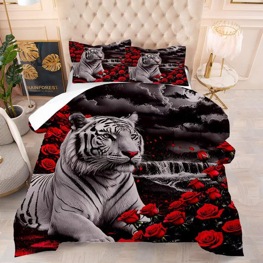 VTKON Kids Tiger Comforter Set Queen Size, White Tiger Wild Animal 3 Pcs Bedding for Kids and Adults Beautiful 3D Red Rose Flower and Tiger Print Soft Comforter Set for Bedroom Bed Decor