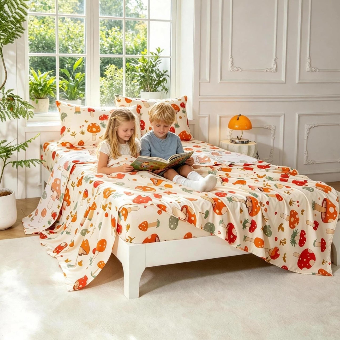 SDY 4 Pieces Mushroom Sheet Set Full Size,Cute Sheets with Mushrooms for Boys, Girls, Kids and Toddler,Bed in A Bag Packaged with 1 FittedSheet+ 1 Top FlatSheet + 2 Pillowcases