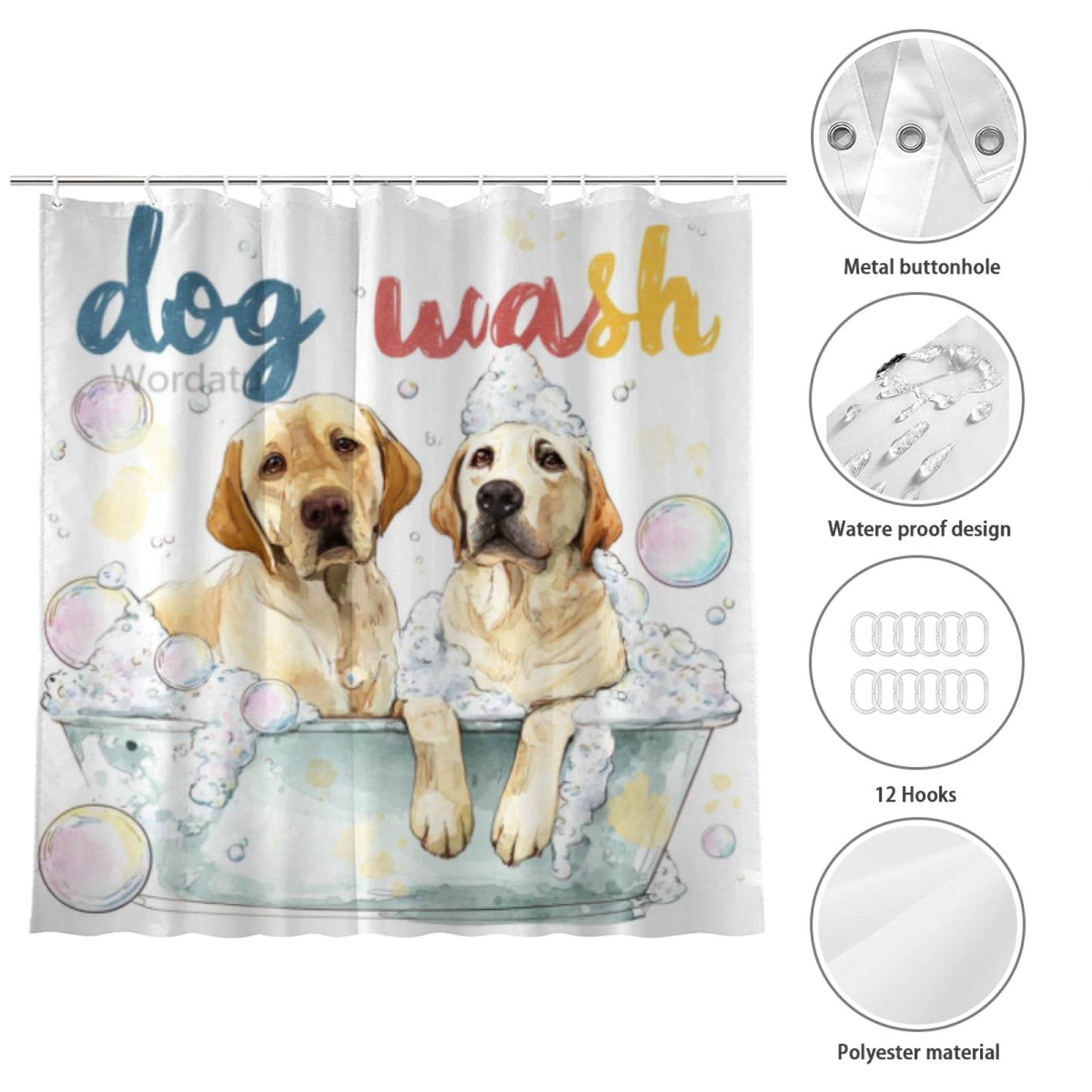 Wordatu Labrador Retriever Cartoon Shower Curtain Playful Dogs in a Bathtub Pets Cloth Fabric Bathroom Decor Set with 12 Hooks 72x72 Inch