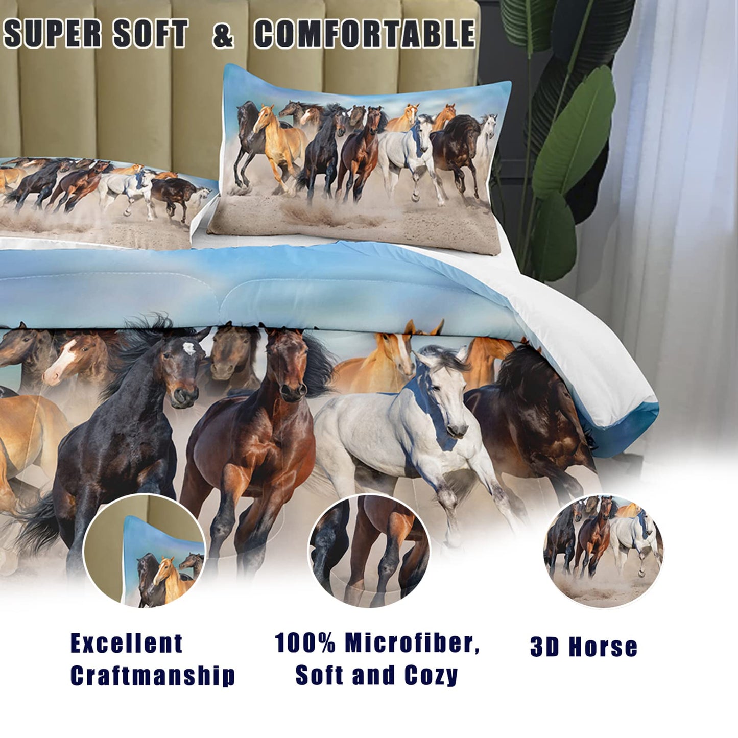 Bodhi Horses Comforter Set Queen for Boys Kids Grassl+ Horse Bedding Set 3D Animal Printed Comforter Sets Full Size,1 Comforter + 2 Pillowcases Bedding Set #4002