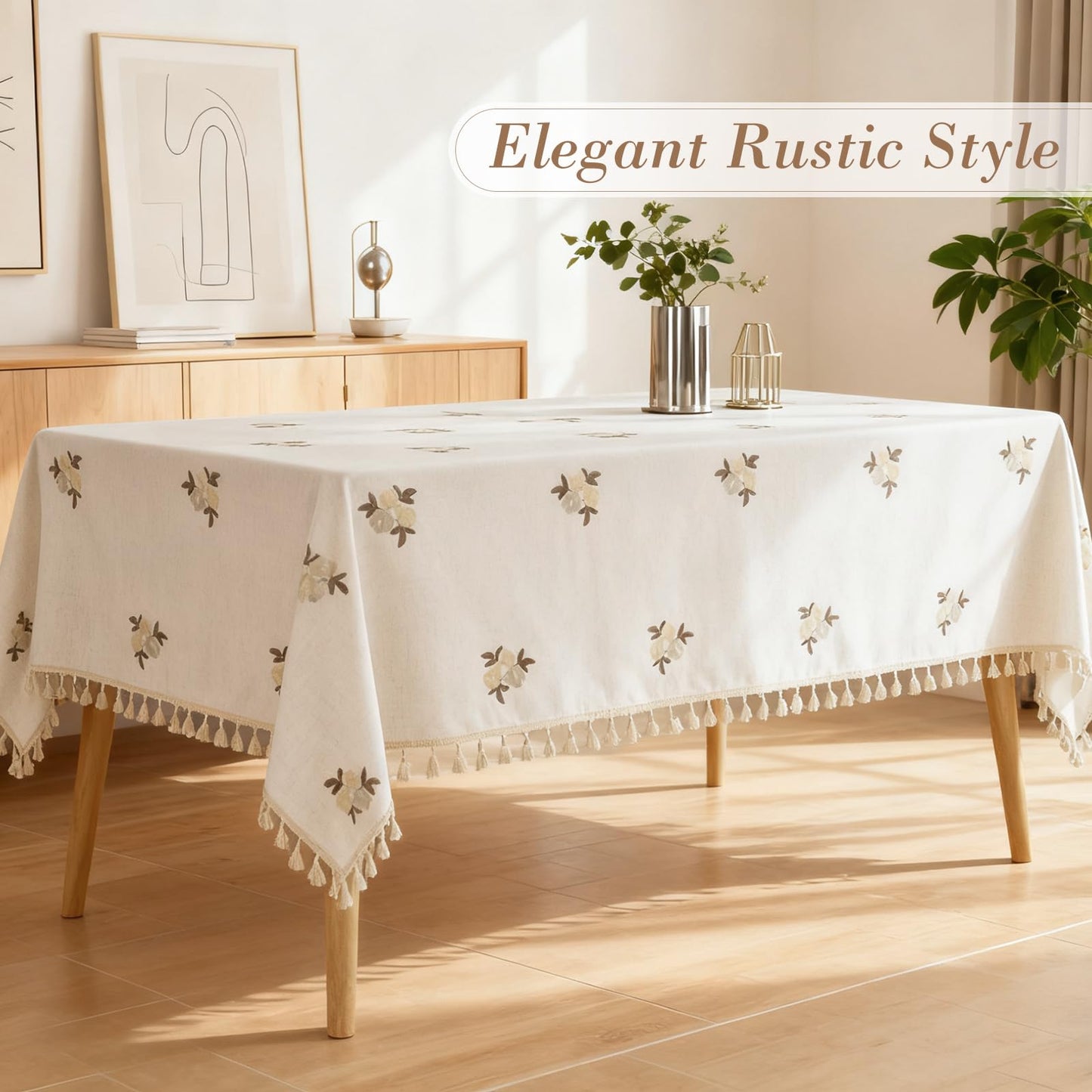 Cream Linen Tablecloth Rectangle 60 x 84 Inch Brown Floral Pattern Embroidered Table Cloth with Tassel Heavy Duty Neutral Vintage Farmhouse Thick Faux Burlap Table Cover for Dining Party Holiday