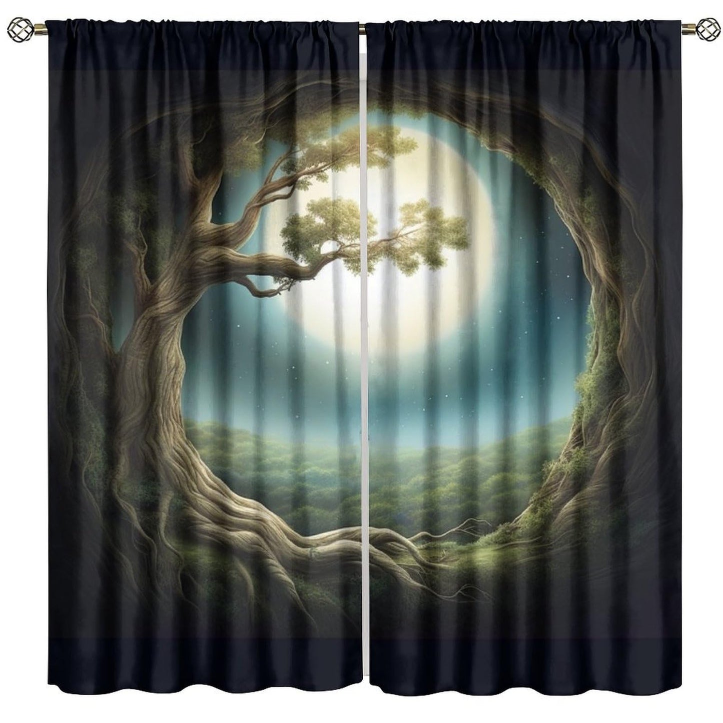 Fantasy Forest Blackout Curtains - Magic Forest Trees Trunk Bright Moon Stars Theme Print Grommet Dr for Kids Boy Girl Baby Bedroom Nursery Living Room Decor Window Drapes 2 Panels 42x45 Inch