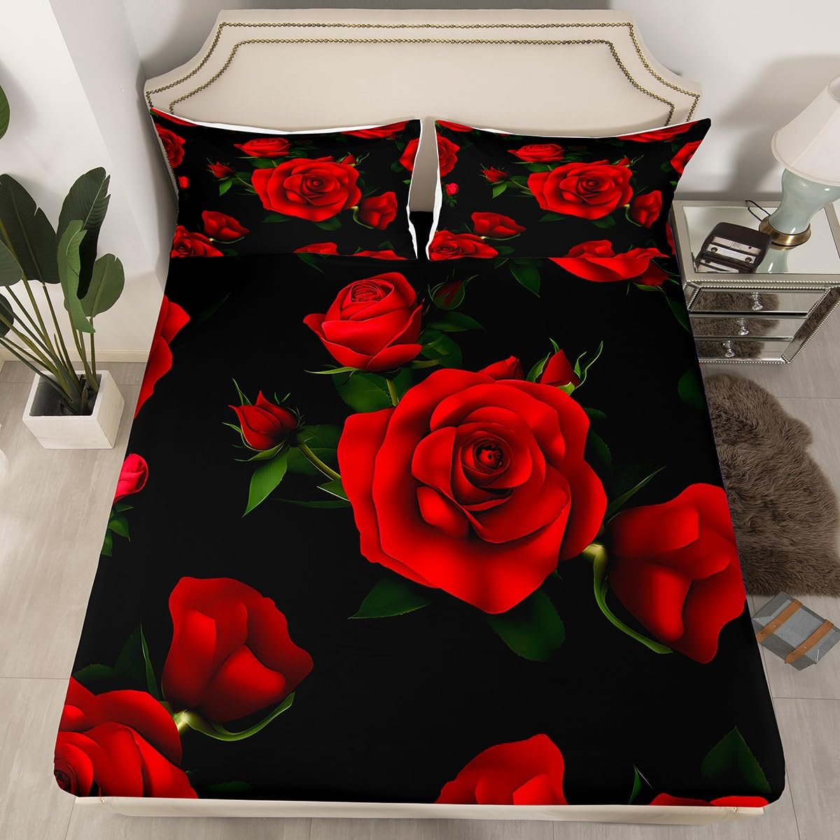 Feelyou Rose Fitted Sheet Red Floral Print Bed Sheet Set Romantic Flower Bedding for Women Queen Size Includes 1 Sheets & 2 Pillowcases (No Flat Sheet)
