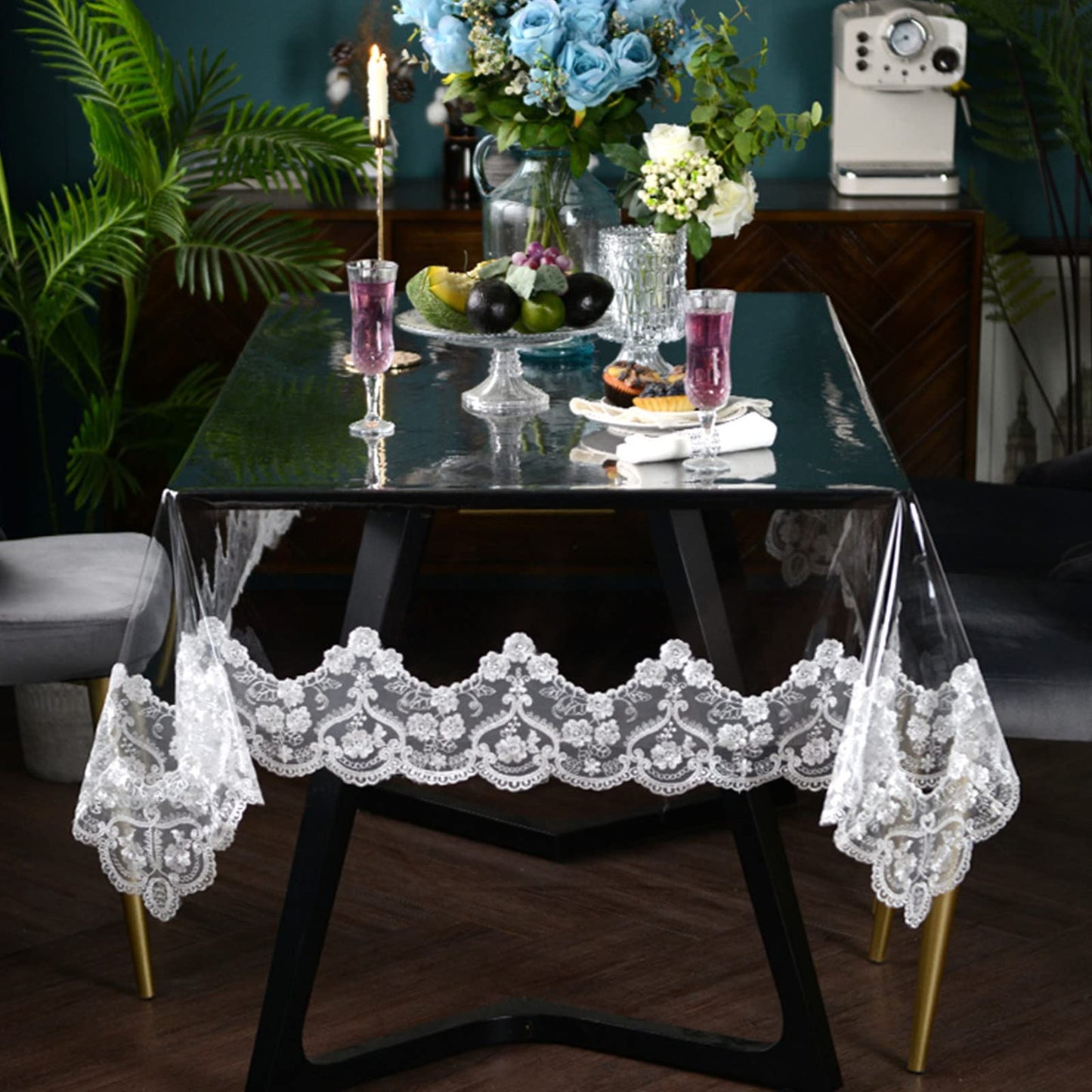 Clear Plastic Waterproof Tablecloth, Vinyl PVC Rectangle Table Cloth with Lace Macrame, Oil Spill Proof, Table Cover for Dining Tables, Parties and Holidays (White, 60 x 120 Inch)