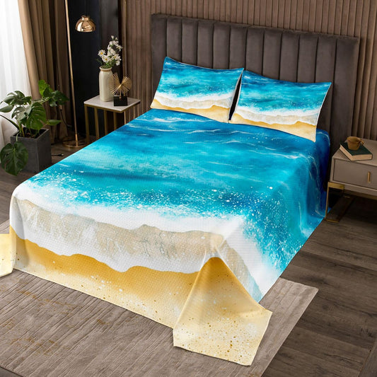 jejeloiu Ocean Sea Bedspread 3 Pieces Queen Size Beach Coverlet Set Soft Cozy Coastal Summer Lightweight Quilted Coverlet for All Season with 2 Pillowcases