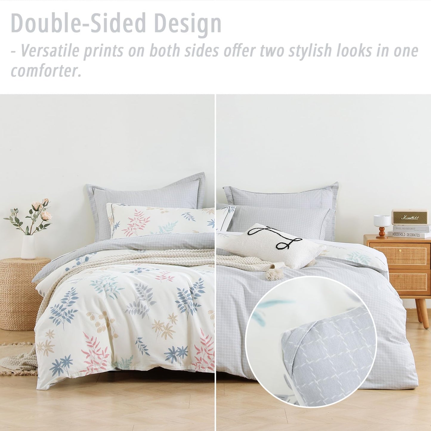LEMIROE Farmhouse Cotton Comforter King Size 3Pcs -Charming Pastel Leaf Print on Cream Base, Gray Grid Back, Reversible Lightweight Bedding Sets with Soft Fill(King, 104"×90")
