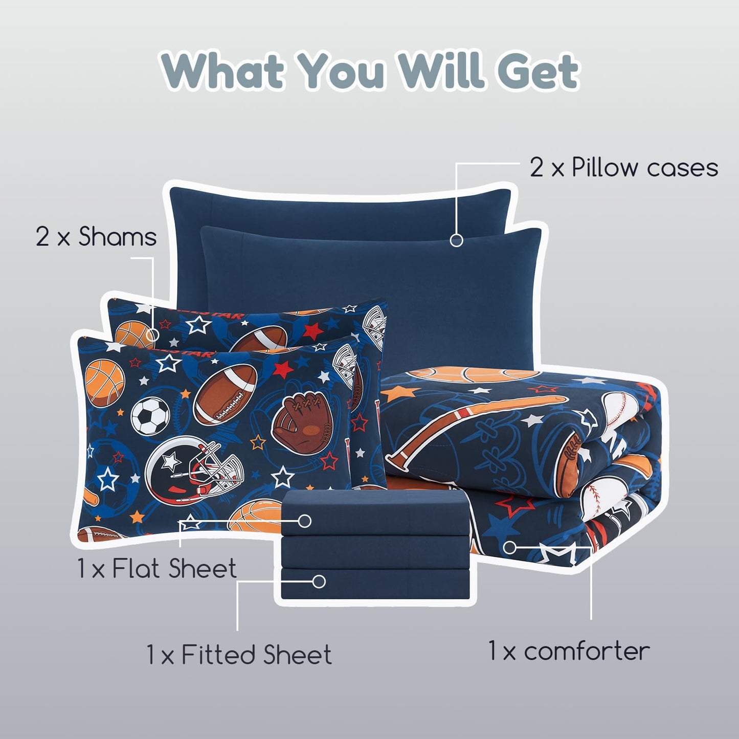 Wink Deer Full Size Comforter Set for Boys-7 Pieces Sports Ball Games Glow in the Dark Full Bedding Sets for Kids, Ultra Soft Bed in A Bag with Sheets