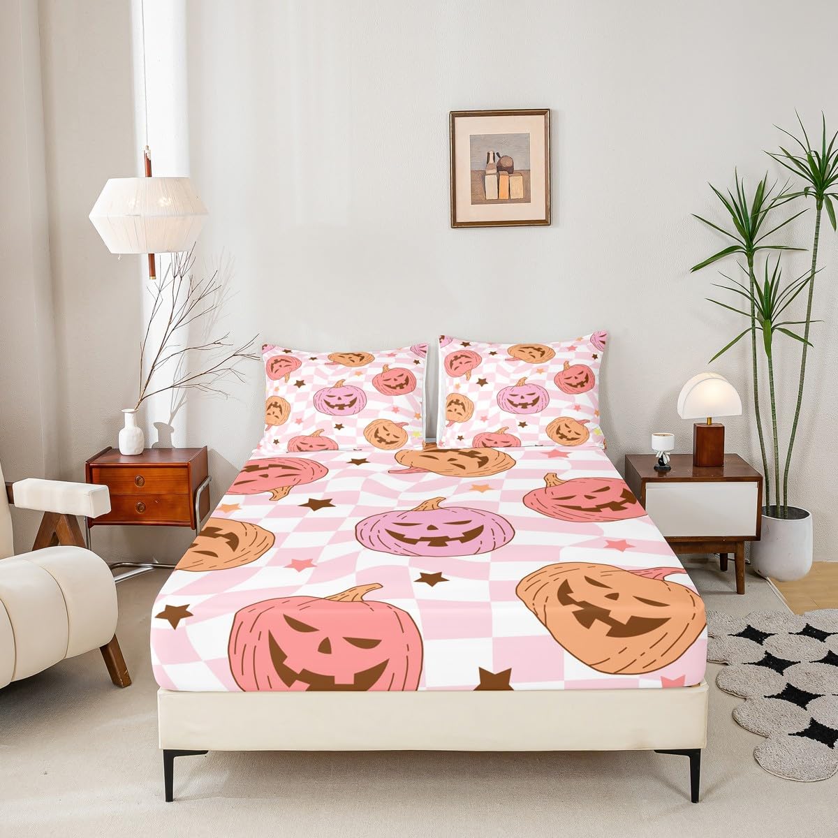 Feelyou Pink Halloween Fitted Sheet with 2 Pillowcases Full Size Halloween Decor Bed Sheets Set 16" Deep Pocket Boys Girls Pumpkin Bedding Trick or Treat Teens Bedroom Decor Breathable Microfiber