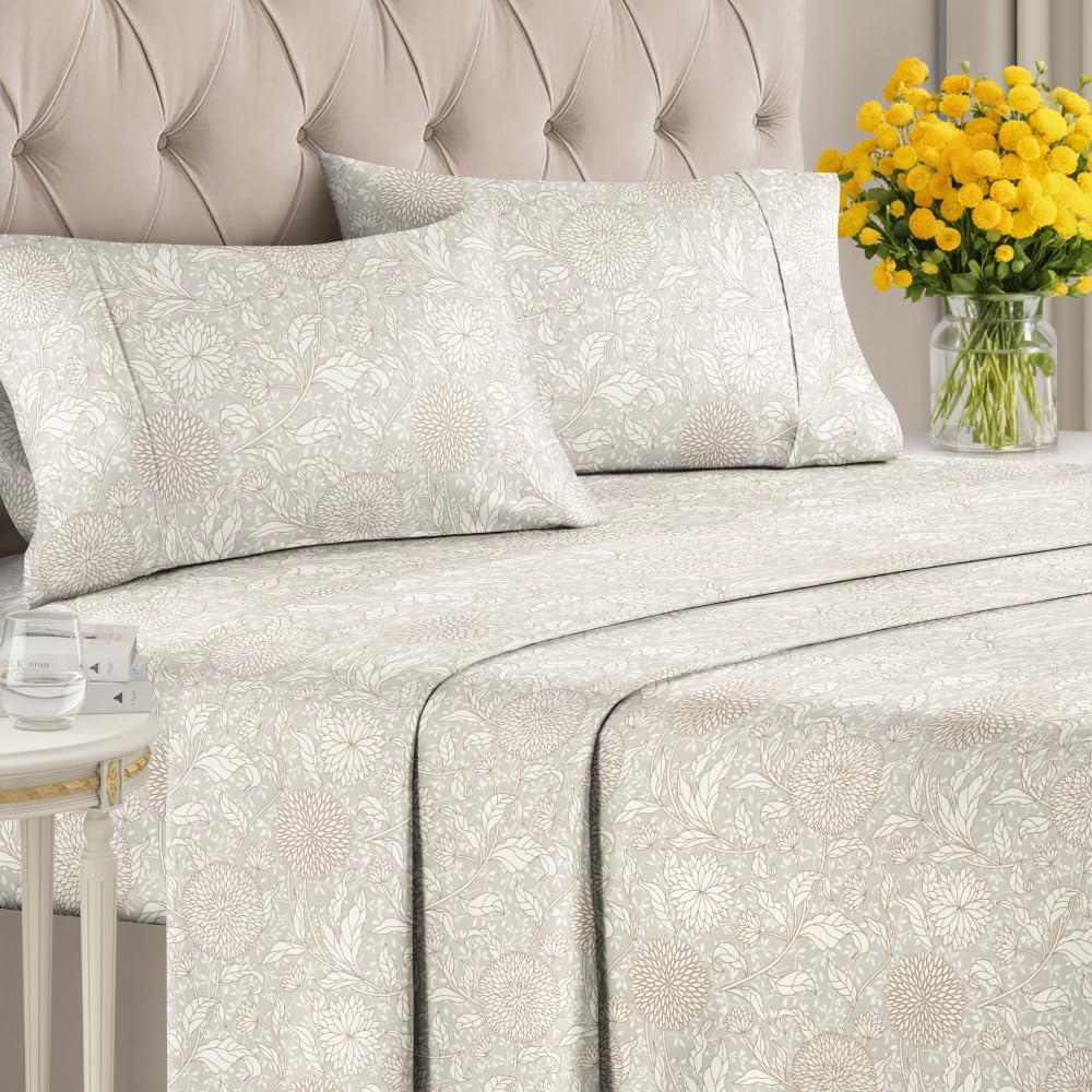 Floral Sheets - Beige Floral Bed Sheet Set - 1 Flat, 1 Fitted & 2 Pillowcases w/ Deep Pockets - Comfy, Wrinkle & Fade-Free - Boho Botanical Bedding - Ultra-Soft, Breathable & Cooling - Queen Size