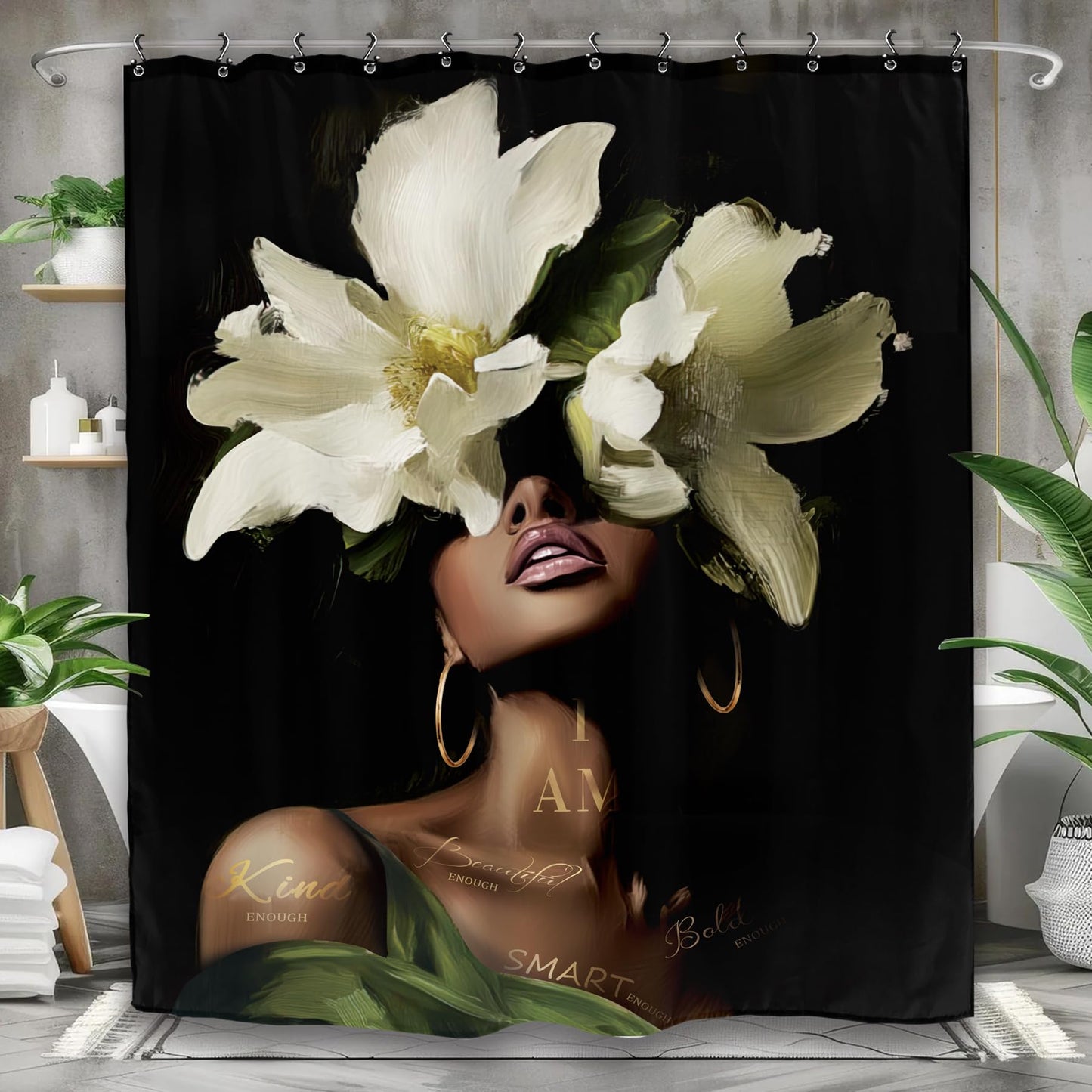 Yookeb African American Bathroom Shower Curtain 60W by 71H Inch Black Woman Girl Sexy Inspirational Motivational Positive Olive Green Polyester Fabric 12 Plastic Hooks Waterproof Decor