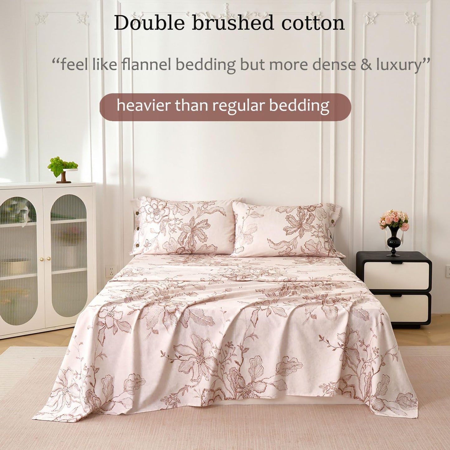 Zusbest Queen Sheet Set Pink Floral Sheet Set 400TC 100% Double Brushed Cotton Flannel-Like Warm Luxury Bed Sheets 4Pcs, Button Closure Extra Soft Breathable Vintage Toile Printed Deep Pocket 17‘’
