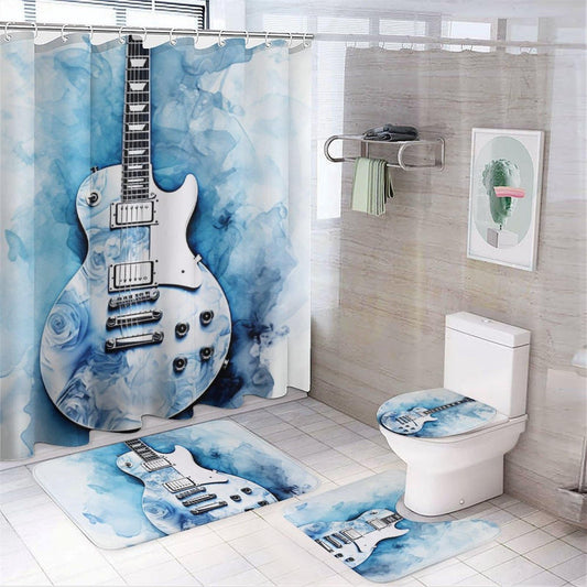 FOCCAFB 4PCS Country Guitar Bathroom Set with Rugs and Toilet Lid Cover Watercolor Guitar Music Waterproof Shower Curtain Set for Bathroom Decor, Style-3