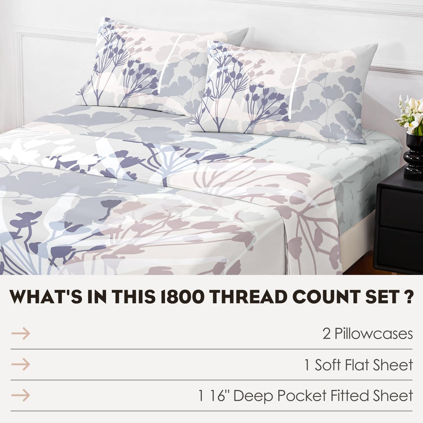HCORA Floral King Size Sheets Set, Luxury 1800TC Hotel Quality Double Brushed Microfiber Deep Pocket Bed Sheets, Ultra Soft, Breathable and Cooling, 4PC, King