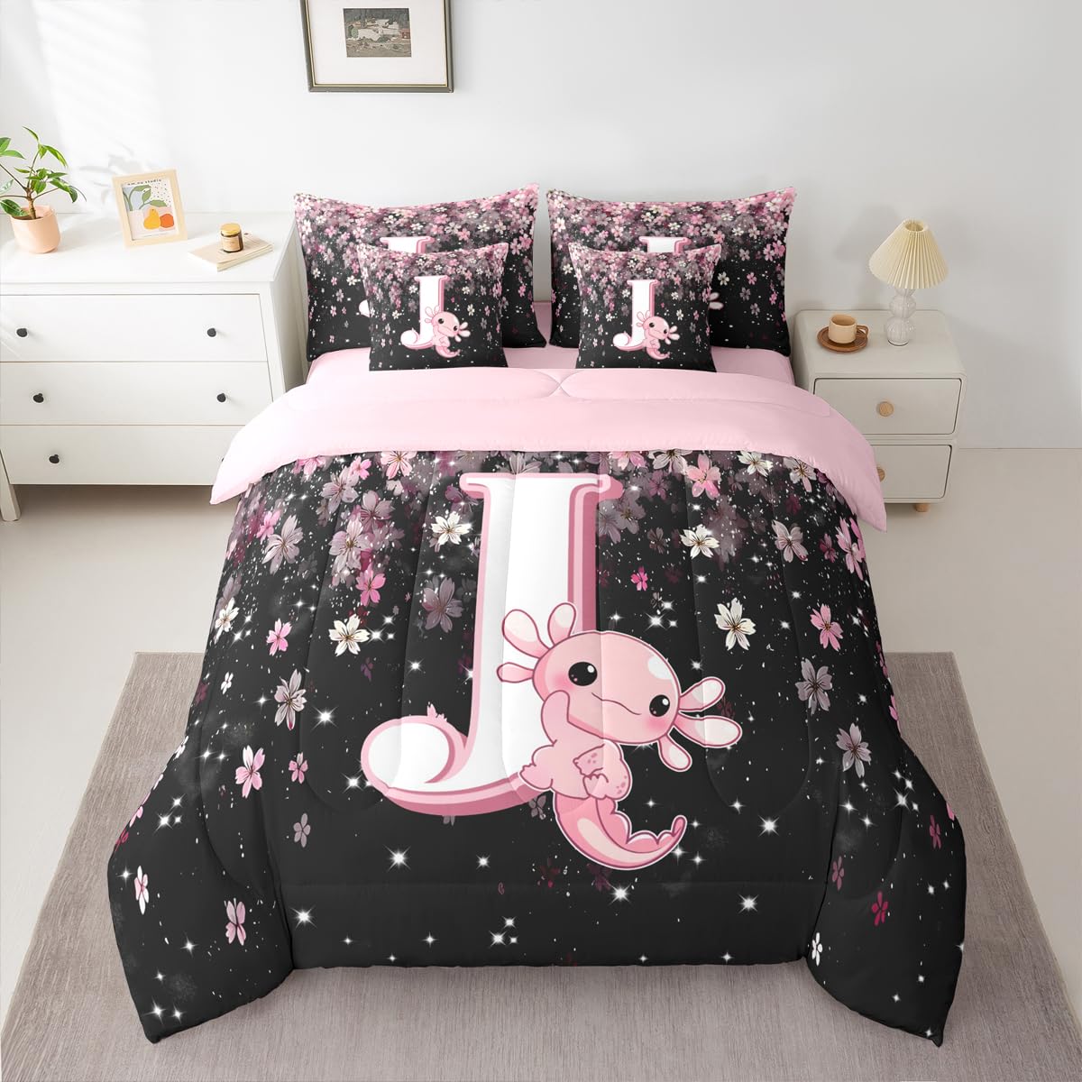 Erosebridal Twin Size Cute Axolotl Bed in A Bag 7 Pieces for Kids Girls Teens | Initial Letter J Comforter Set with Sheets Japanese Cherry Blossom Bedding Set with Flat Fitted Sheets (Pink and White)