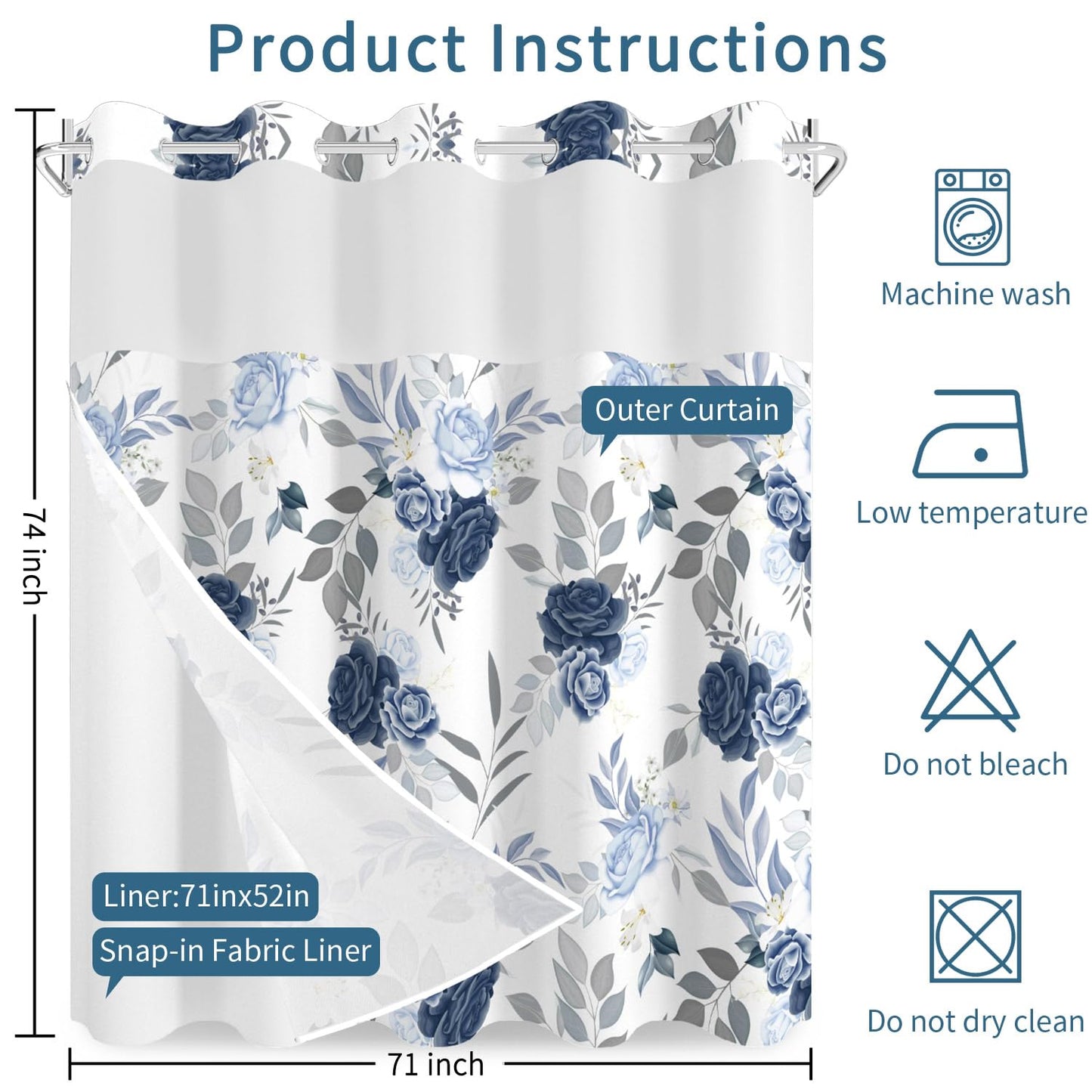 NAEMBCU Boho Floral No Hook Shower Curtain with Snap in Liner Set 71x74 in