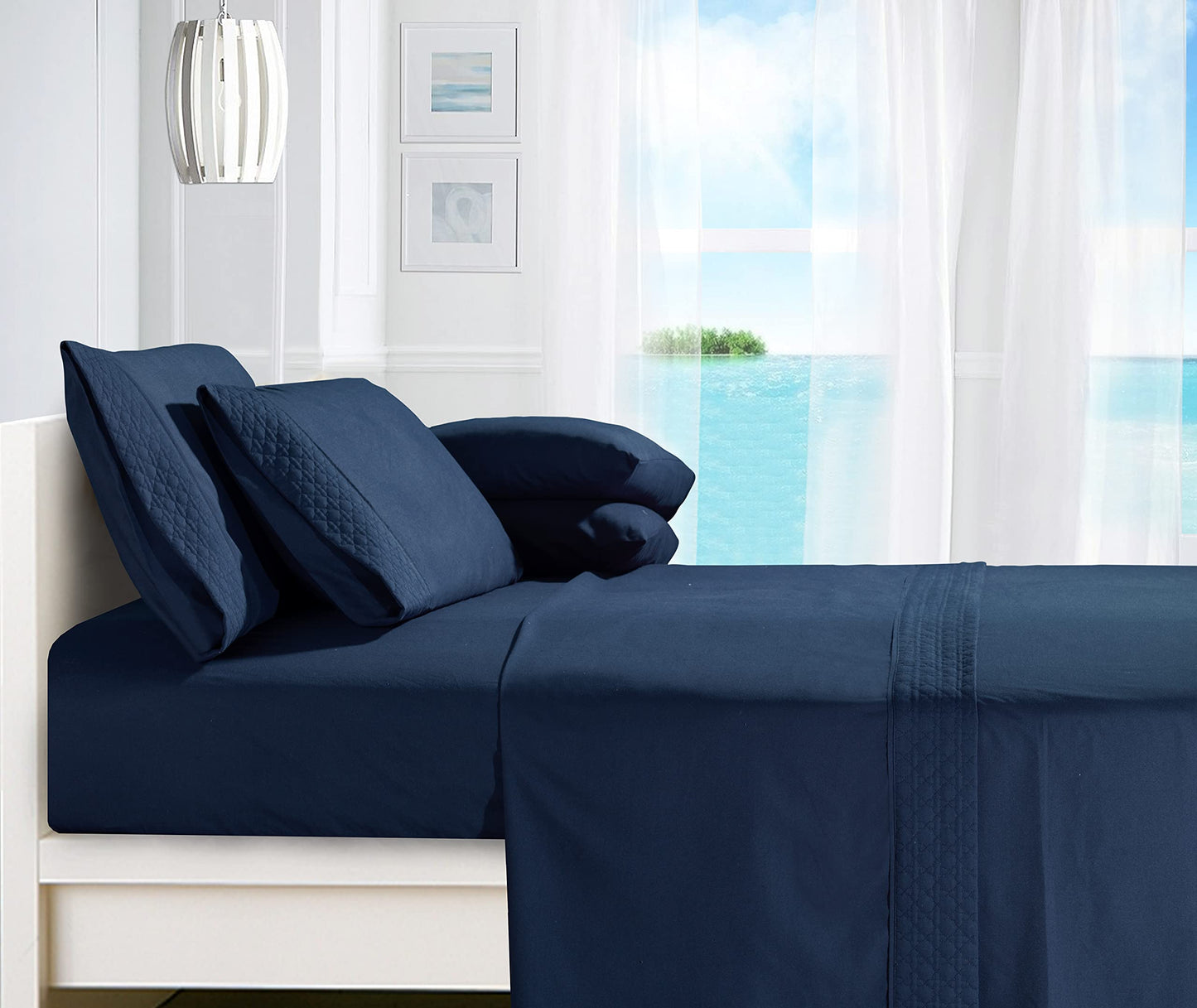 Elegant Comfort Luxury Soft Coziest 4-Piece Bed Sheet Set 1500 Thread Count Egyptian Quality Wrinkle Resistant Beautiful Quilted Design on Flat Sheet and Pillowcases King, Navy