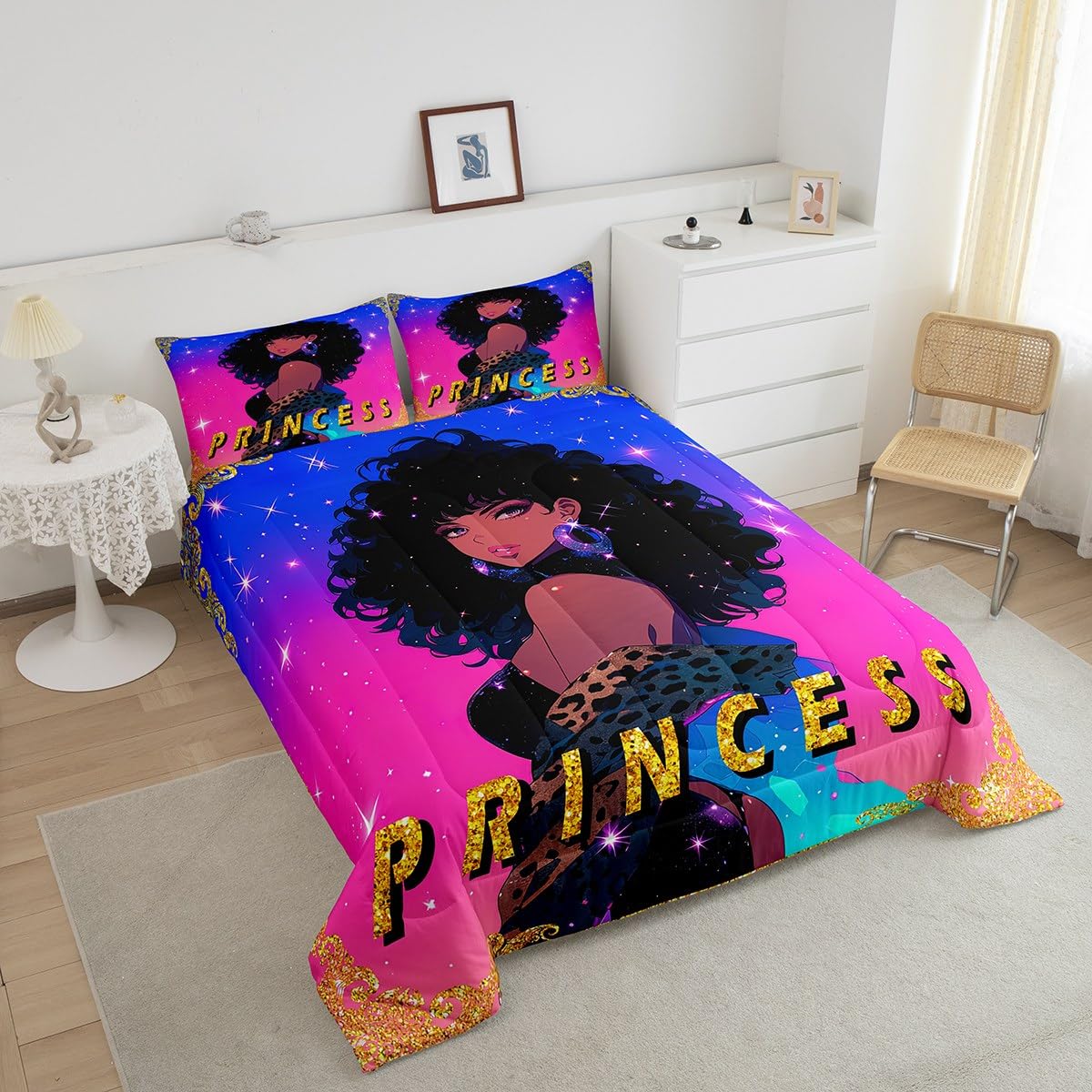 Erosebridal Black Woman Comforter Set for Girls Twin,American African Black Girls Quilt Afro Hair Girl Princess Melanin Magical Bedding Set,Leopard Print Gradient Blue Purple Galaxy Room Decor