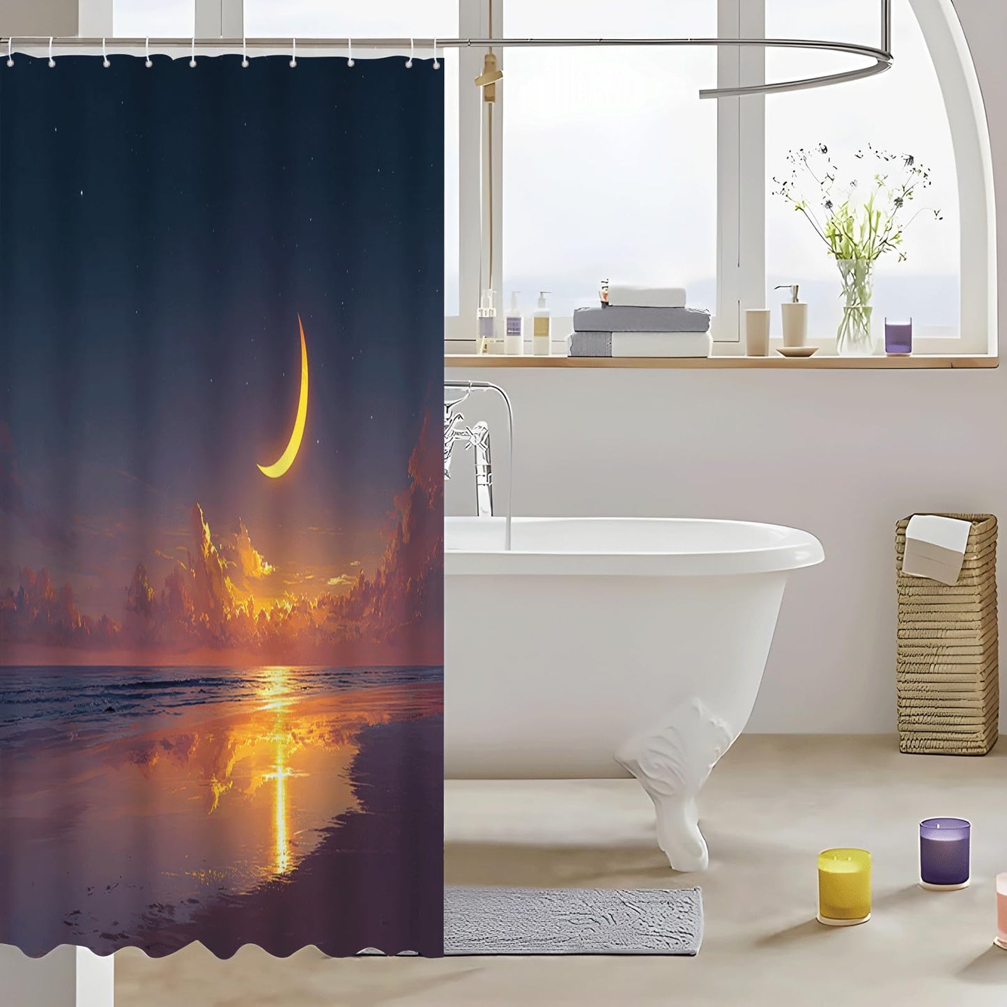 ZROLUW Moon Tropical Sea Shower Curtain 72" W x 72" L Nature Bathroom Decor Curtain with Hooks