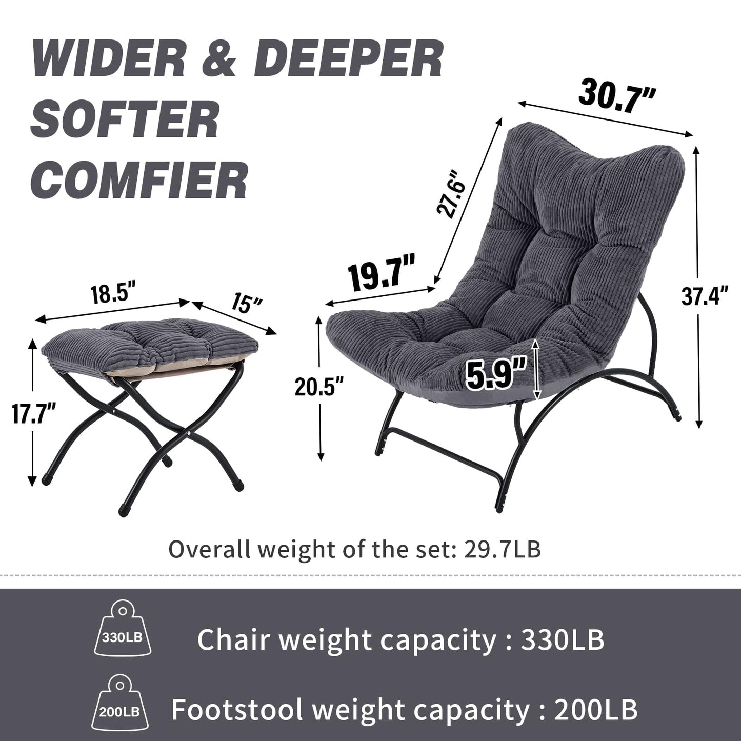 Welnow Modern Accent Chair with Ottoman, Upholstered Comfy Lounge Recliner Sofa, Thick Cushion Oversized Lazy Reading Chair with Footrest for Living Room, Bedroom, Apartment, Office, Dorm, Dark Grey