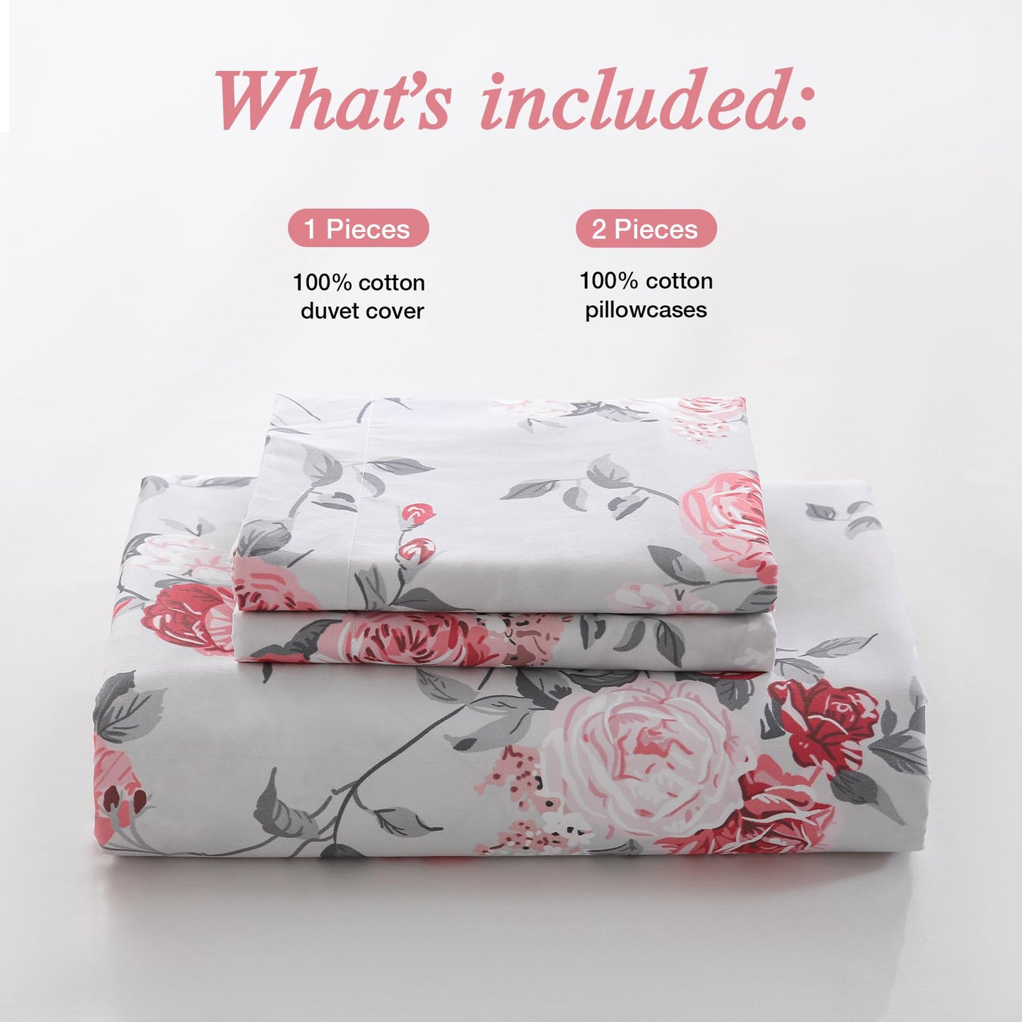 Ocharo Pink Floral Duvet Cover Set King Size 100% Cotton,Reversible Romantic Garden Rose Print Bedding Set for Girls Women,Soft 3 Pieces Cute Chic Style Comforter Cover with 2 Pillow Sham(20"x26")