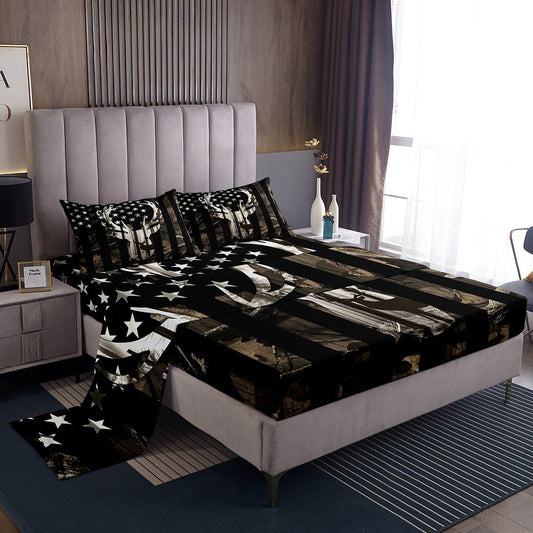Grey Camo USA Flag Fitted Sheet Set Full Size 4pcs, Camouflage Deer Antlers Silhouette and Trees Bedding Set(1 Fitted,1 Flat,2 Pillowcases),American Flag Luxury Deep Pocket Bed Sheets for Girls Teen