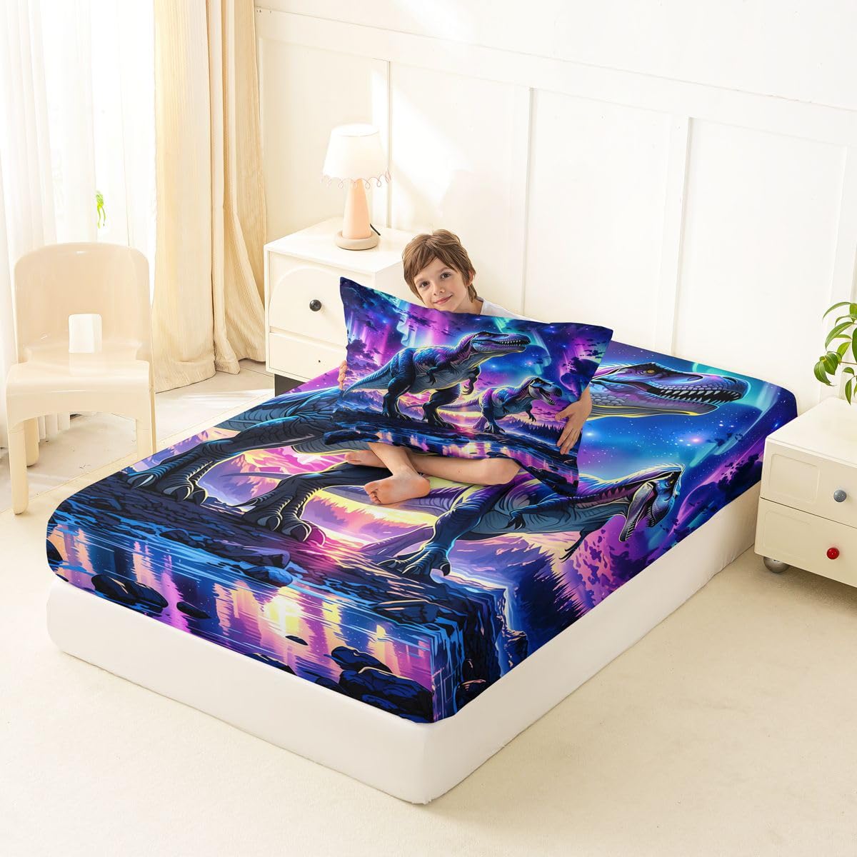 Feelyou Dinosaur Bed Sheets Set Twin Size 3D Digital Print Bed Set for Kids Boys Girls Jungle Dino Deep Pocket Fitted Sheet Wild Animal Breathable Soft Lightweight Microfiber Purple Blue