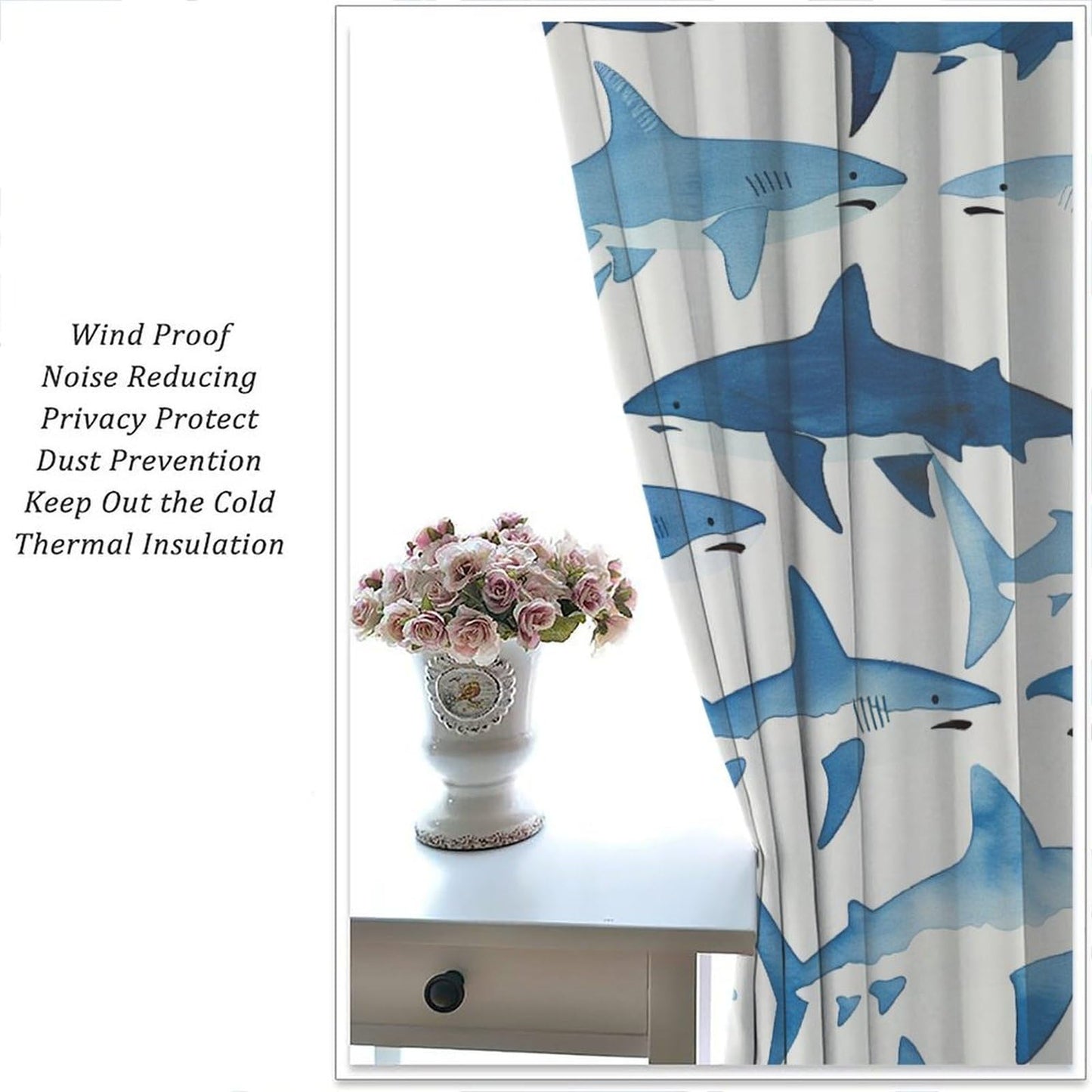 TOWINSFB Ferocious Shark Blackout Curtains for Bedroom Living Room, Repetitive Marine Life Blue Sea Curtains Rod Pocket Thermal Insulated Window Drapes, 2 Panels/Each 21" W x 45" L