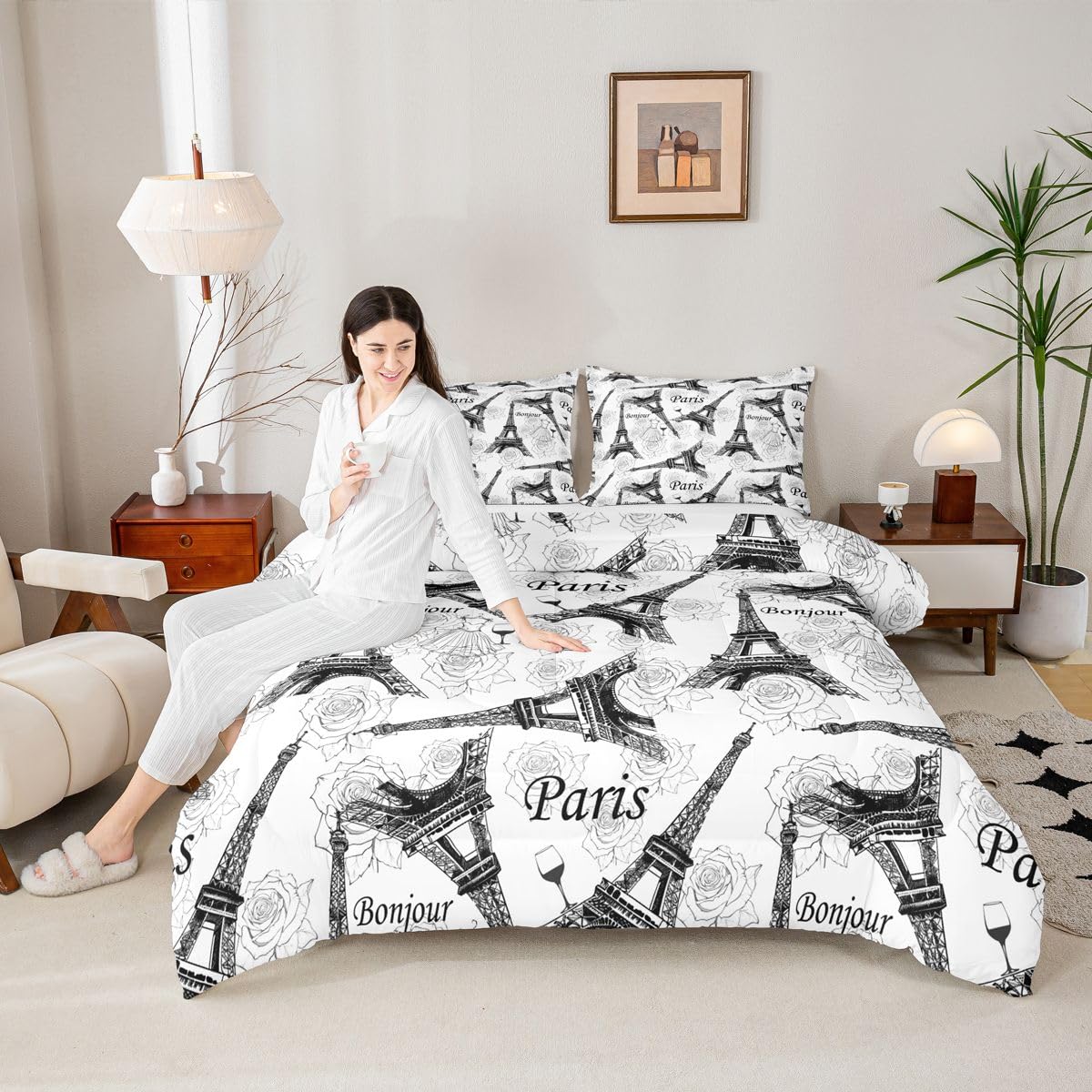 Eiffel Tower Bedding Sets for Boys Girls Couple Romantic Theme Comforter Set, Black and White French Paris Famous Cityscape Eiffel Tower Floral Print Quilted Duvet Valentine's Day Gifts,Full Size