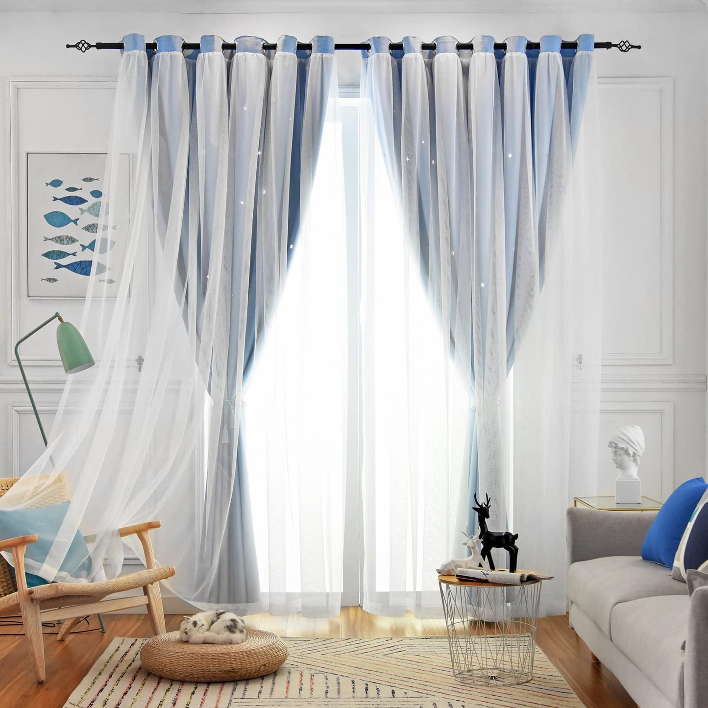Loyala Star Curtains - Living Room & Bedroom Drapes, Blackout & Kids Curtains, 84 Inch Long, 2 Panels Set, Blue, 52 X 84 Inches