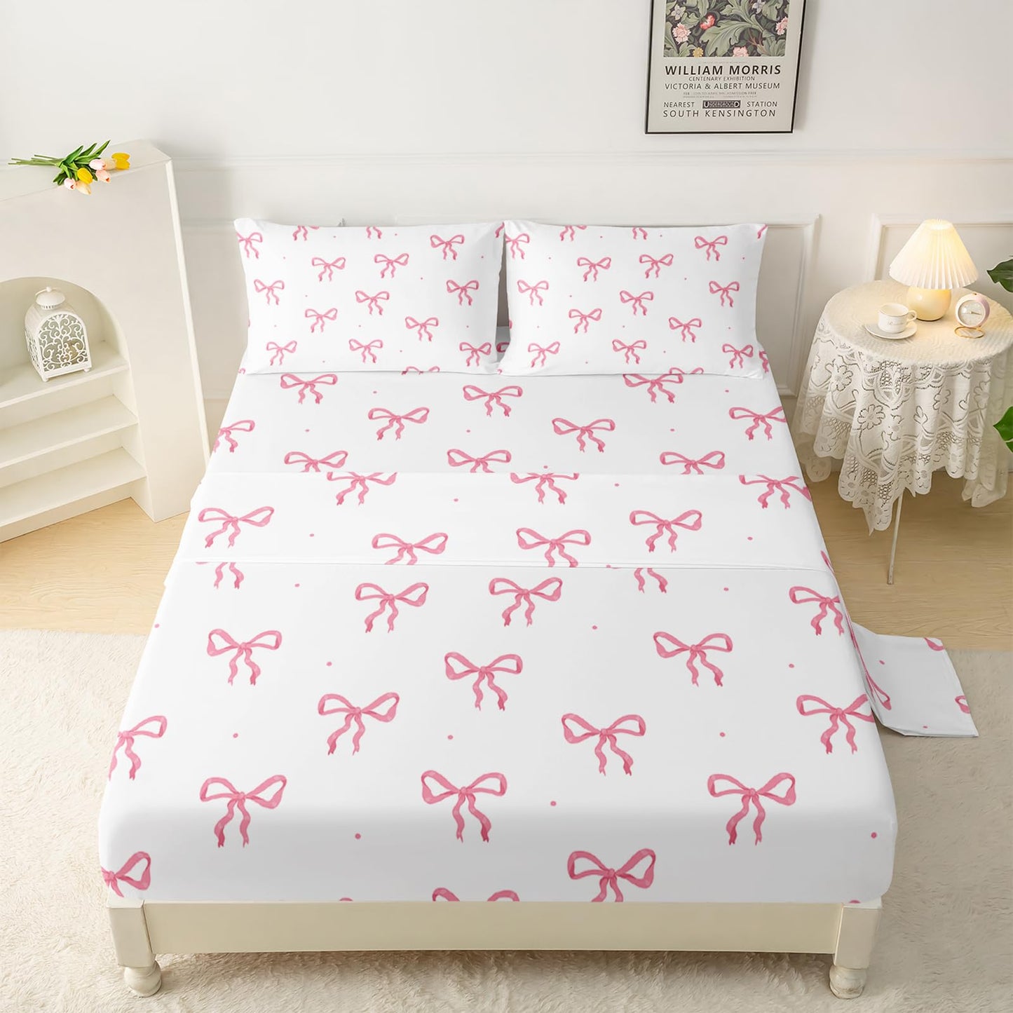 QOOMO Bow Kids Sheets Full Size,Bowknot 16" Deep Pocket Bed Sheet Set,Pink Bow Printed Bedroom Decor Bedding Set Soft and Breathable for Boys/Girls/Kids/Teens
