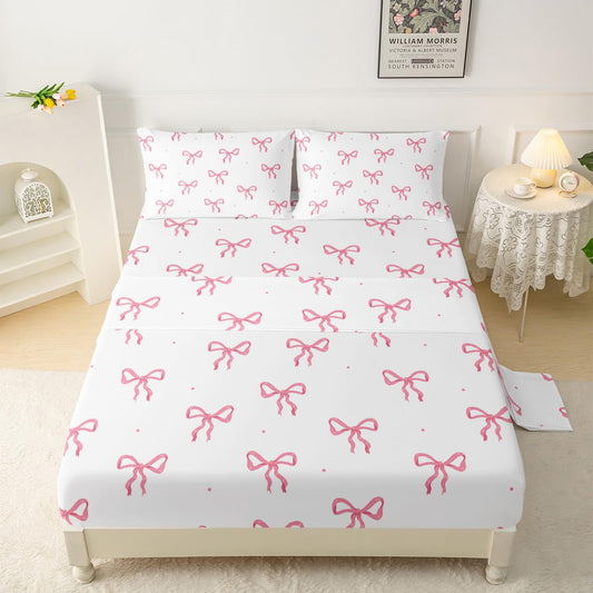 QOOMO Bow Kids Sheets Full Size,Bowknot 16" Deep Pocket Bed Sheet Set,Pink Bow Printed Bedroom Decor Bedding Set Soft and Breathable for Boys/Girls/Kids/Teens