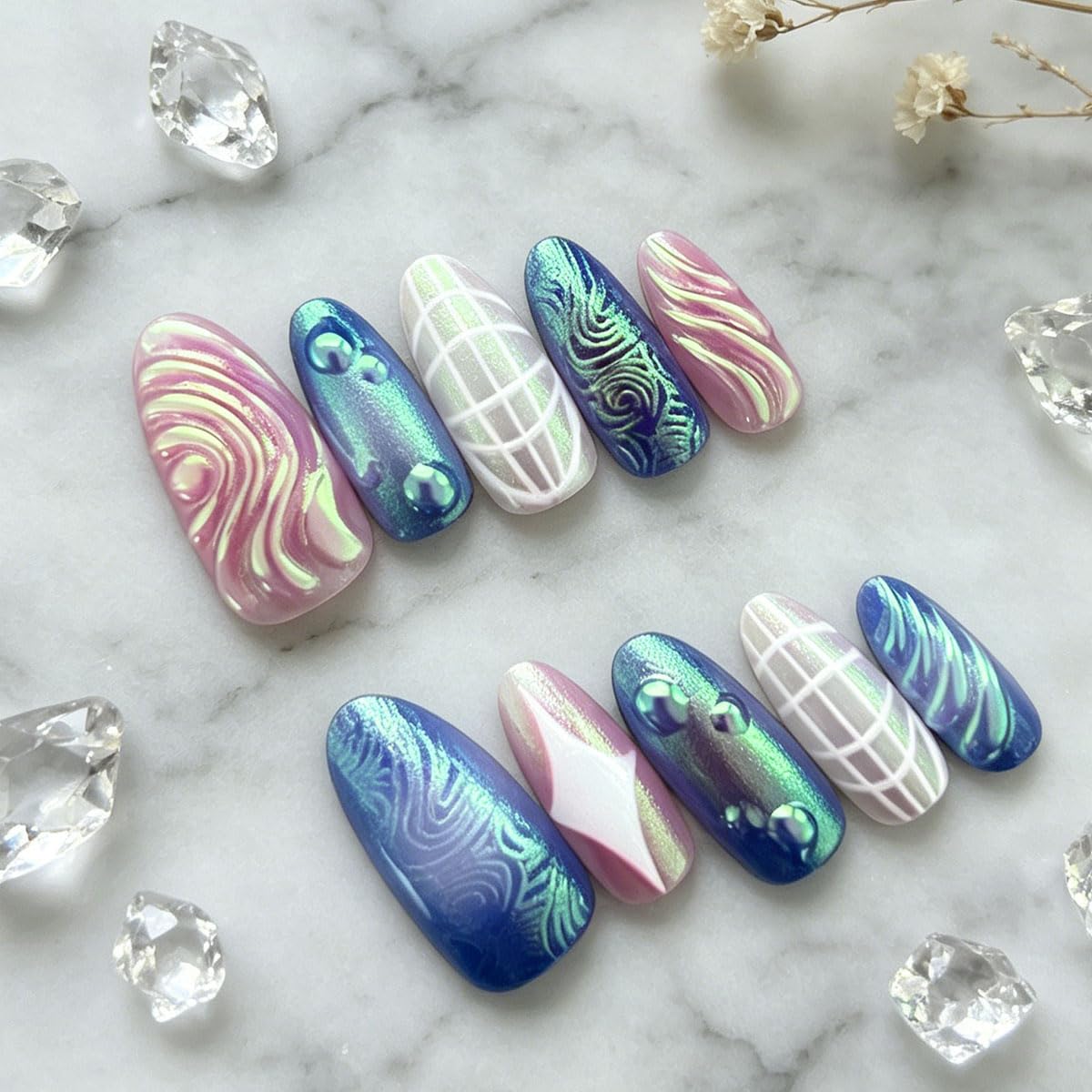 3D Press On Nails Almond Medium Fake Nails with Embossed Square Star Lines Vines Aurora Glitter Designs, Acrylic Artificial Nail Press ons False Stick On Nails for Women Girls 30Pcs