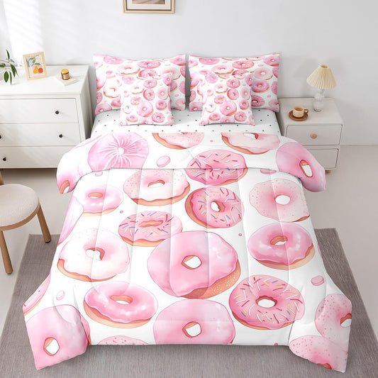 Erosebridal Cartoon Full Comforter Set 7-Piece Queen Dessert Cake Bedding Sets,White and Pink Bed in A Bag for Kids Girls Cartoon Style Bed Sheets Set Lightweight Soft Room Decor with 2 Pillowcase