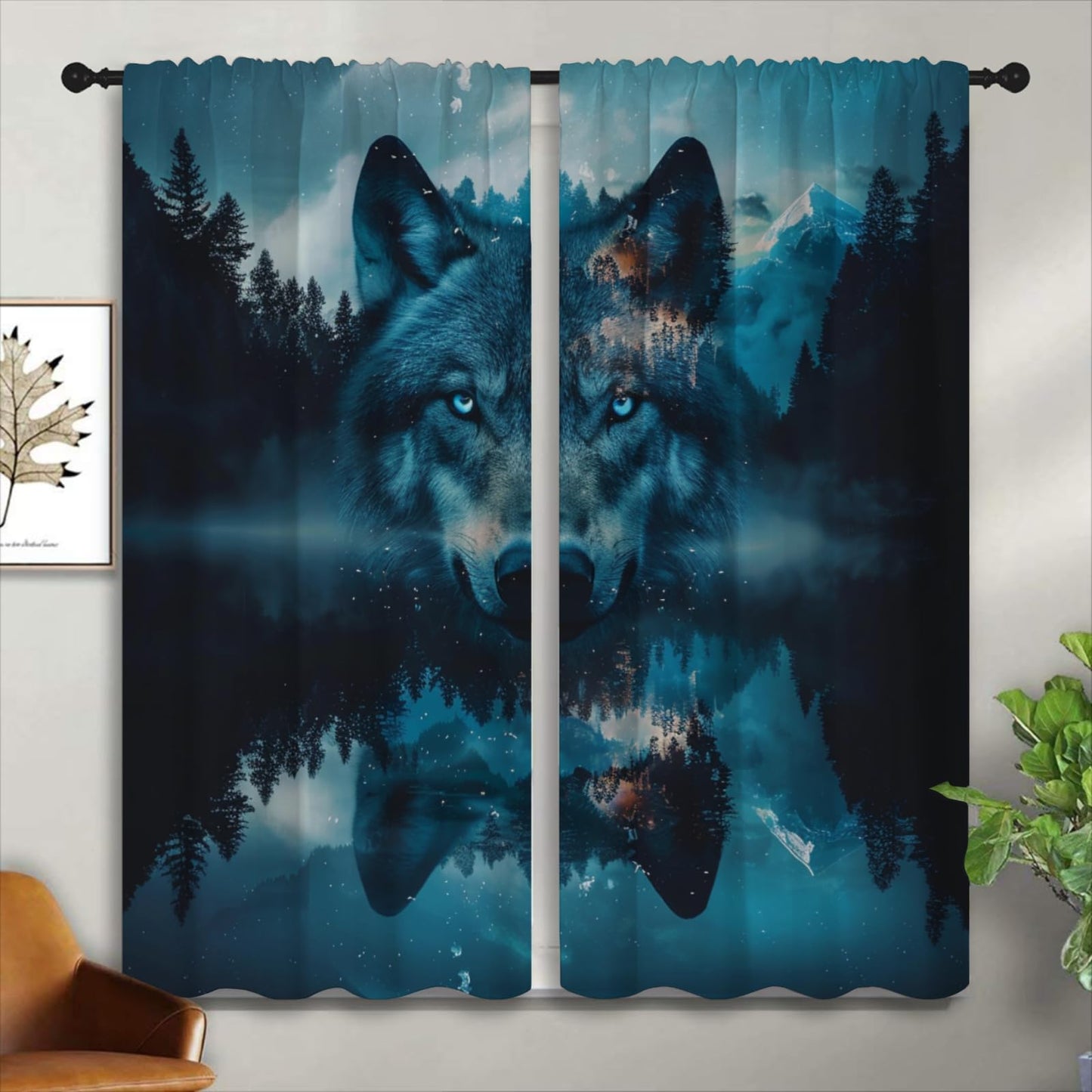 Wolf Blackout Curtains for Boys Girl Bedroom Home Decor, Wildlife Misty Forest Starry Sky Mountains Abstract Art Thermal Insulated Rod Pocket Darkening Living Room Window Drapes, 42 x 45 inch