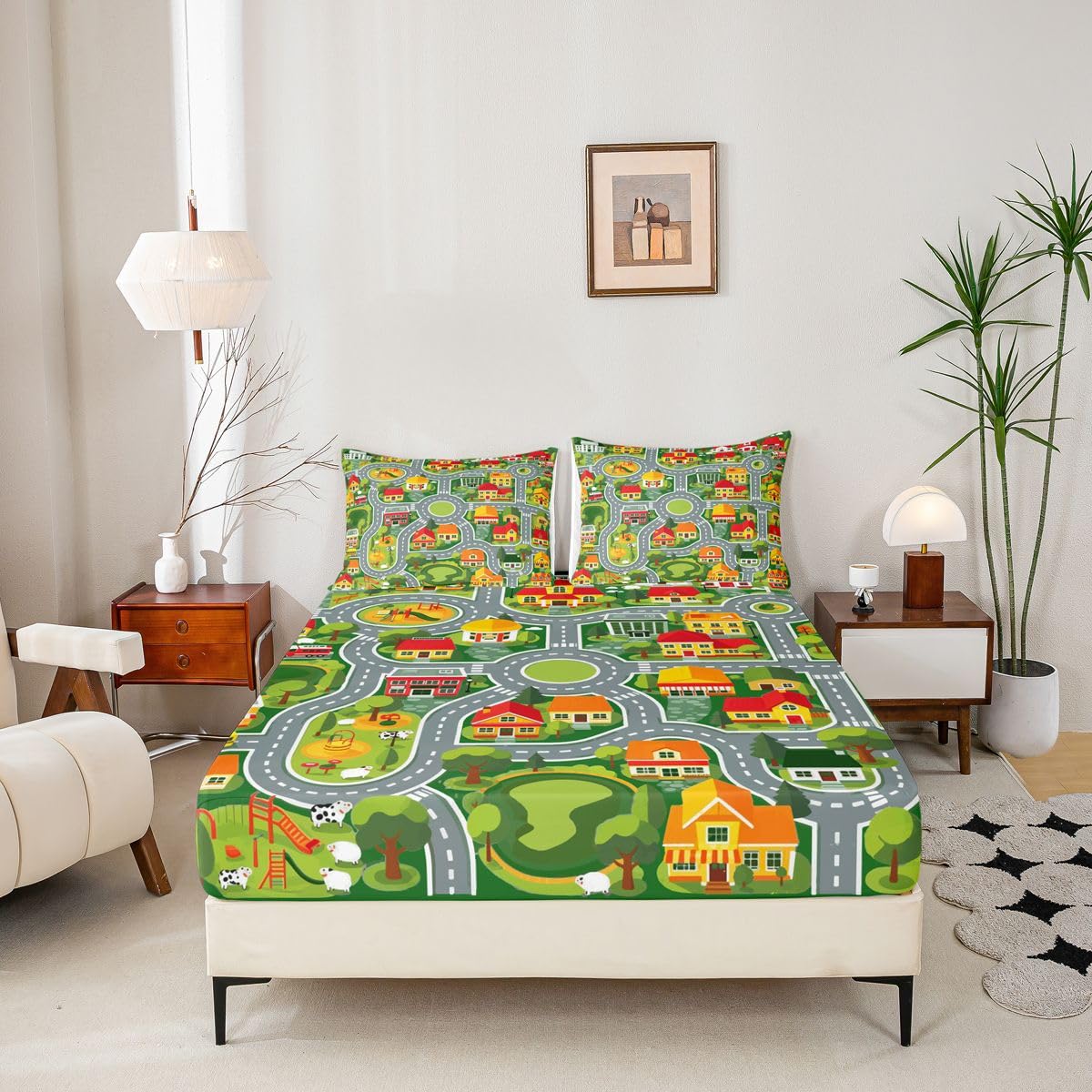 Manfei Village Town Map Fitted Sheet Set Cartoon Farm Street House Bedding Set for Kids Bedroom Educational Cute Car Road Bed Sheet Set 3pcs Deep Pocket Mattress Cover,No Top Flat Queen Gray Green