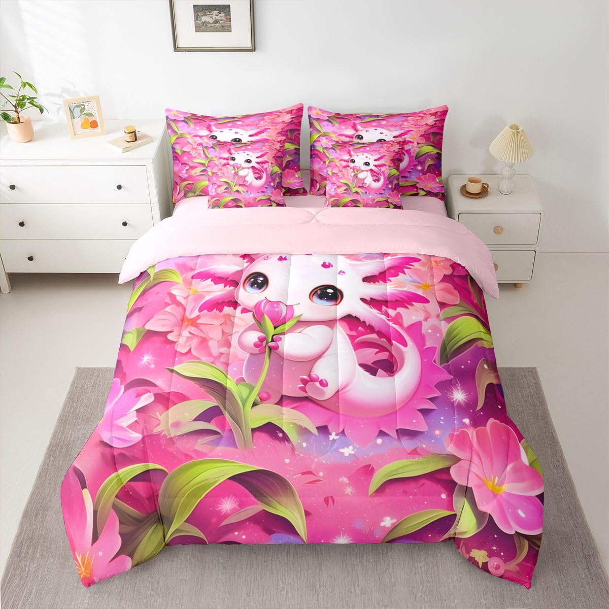 Erosebridal Kids Floral Axolotl Twin Size Bedding Set Teen Girl Cute Axolotl 7 Pieces Comforter Set with Sheets Romantic Sea of Flowers Bed in a Bag Girly Pink Sea Ocean Animal Bed Sets