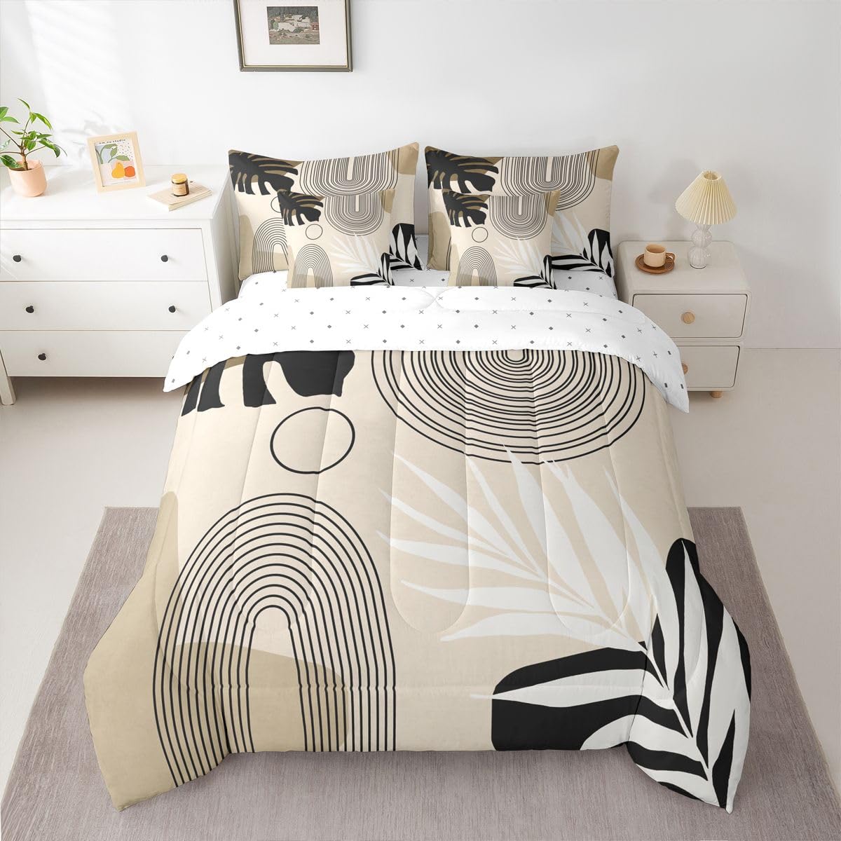 Erosebridal Boho Mid Century Full Comforter Set with Sheets, Modern Minimalist 7 Pcs Bedding Set, Abstract Arch Geometric Bed in A Bag, Tropical Palm Leaf Aesthetic Bed Sets, Black Beige Brown