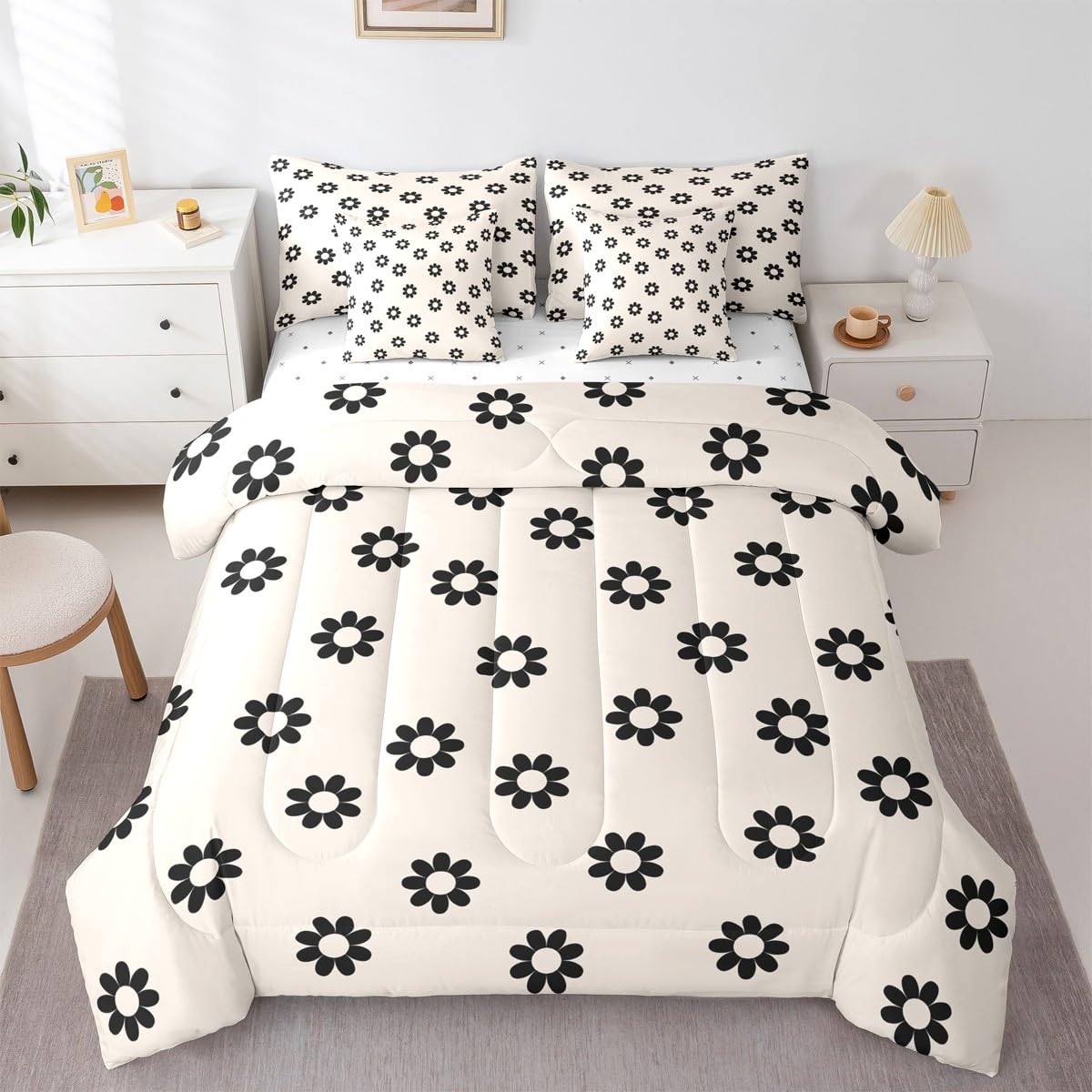 Erosebridal Black and White Floral 7 Pcs Bedding Set for Teen Girls Kawaii Daisy Comforter Set with Sheets Twin Size for Girls Kids Young Women Bedroom Beige Boho Bed in A Bag All Season Bed Sets