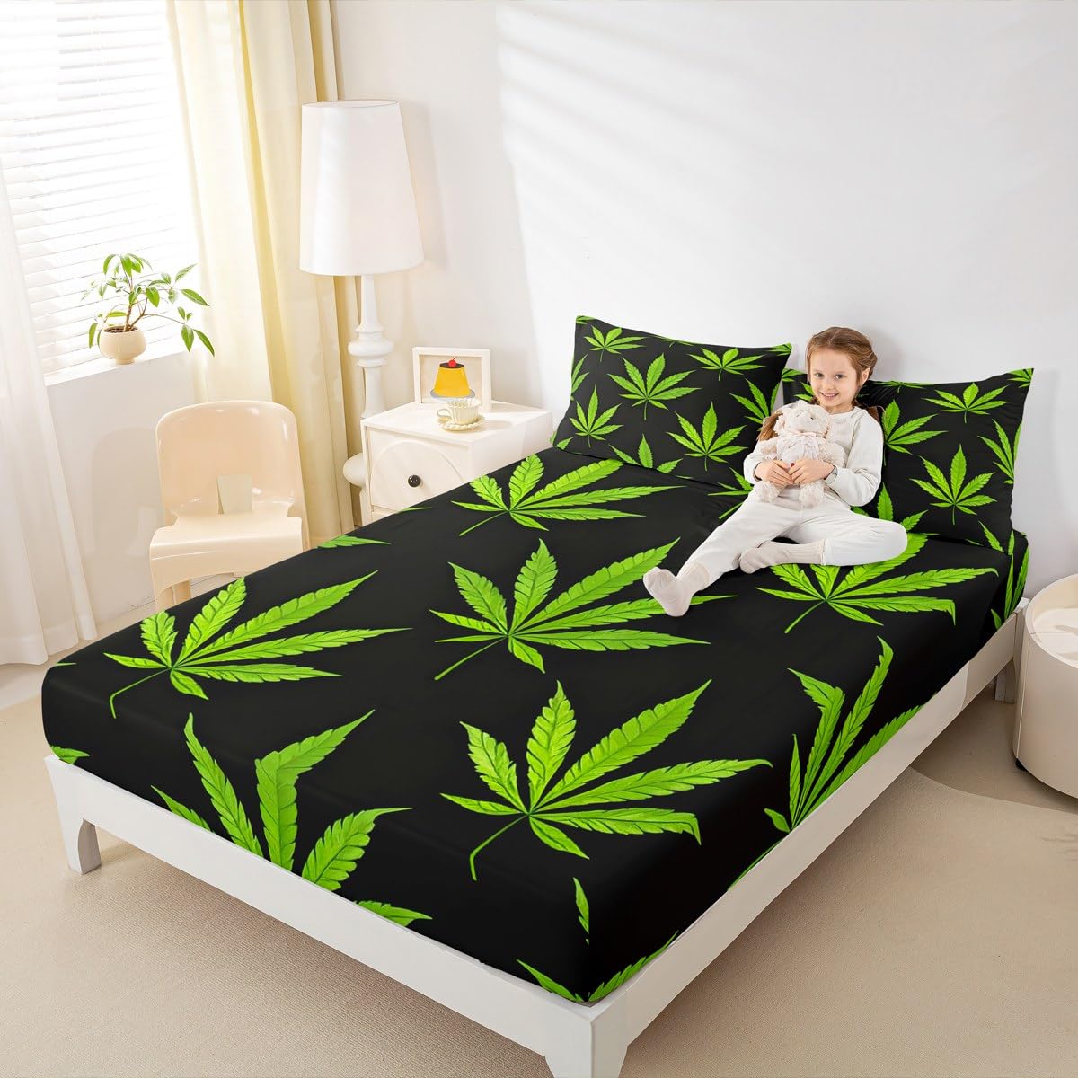 Erosebridal Boho Plant Leaves Fitted Sheet, Adult Bohemia Leaves Bed Sheet, Exotic Leaves Rustic Bedding Set Full Size, Soft Microfiber Bed Cover Wrinkle Bedclothes, Green Black(No Top Sheet)