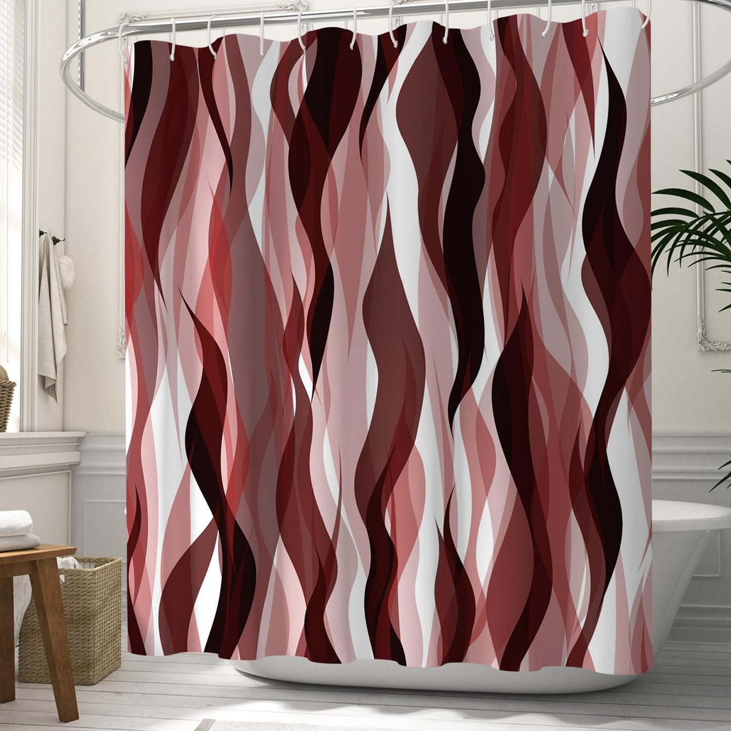 ChloropLastid Red Wavy Line Shower Curtain Red Black White Modern Geometric Abstract Striped Aesthetic Boho Bath Curtains Waterproof Fabric Bathroom Decoration with Hooks 72x72 inch