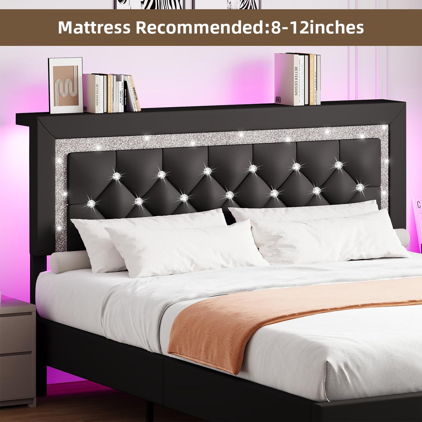 BarnFurin Queen Bed Frame with Storage Headboard, Bed Frame Queen Size with Diamond Tufted Headboard and LED Lights, Wooden Slats Support, Noise Free, No Box Spring Needed, Easy Assembly, Black