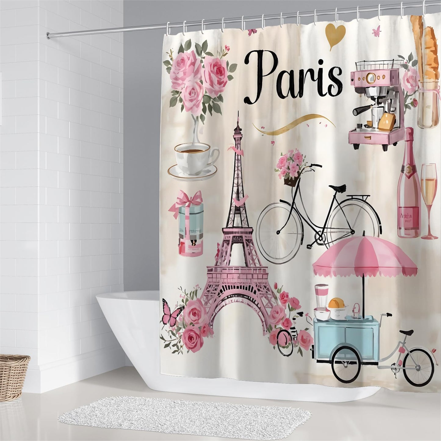 Chrainy 4Pcs Paris Eiffel Tower Shower Curtain Sets Bathroom Set Decor with Non-Slip Rugs Bath U-Shaped Mat Toilet Lid Cover Waterproof Pink Romantic Bathroom Curtains Shower Set with 12 Hooks