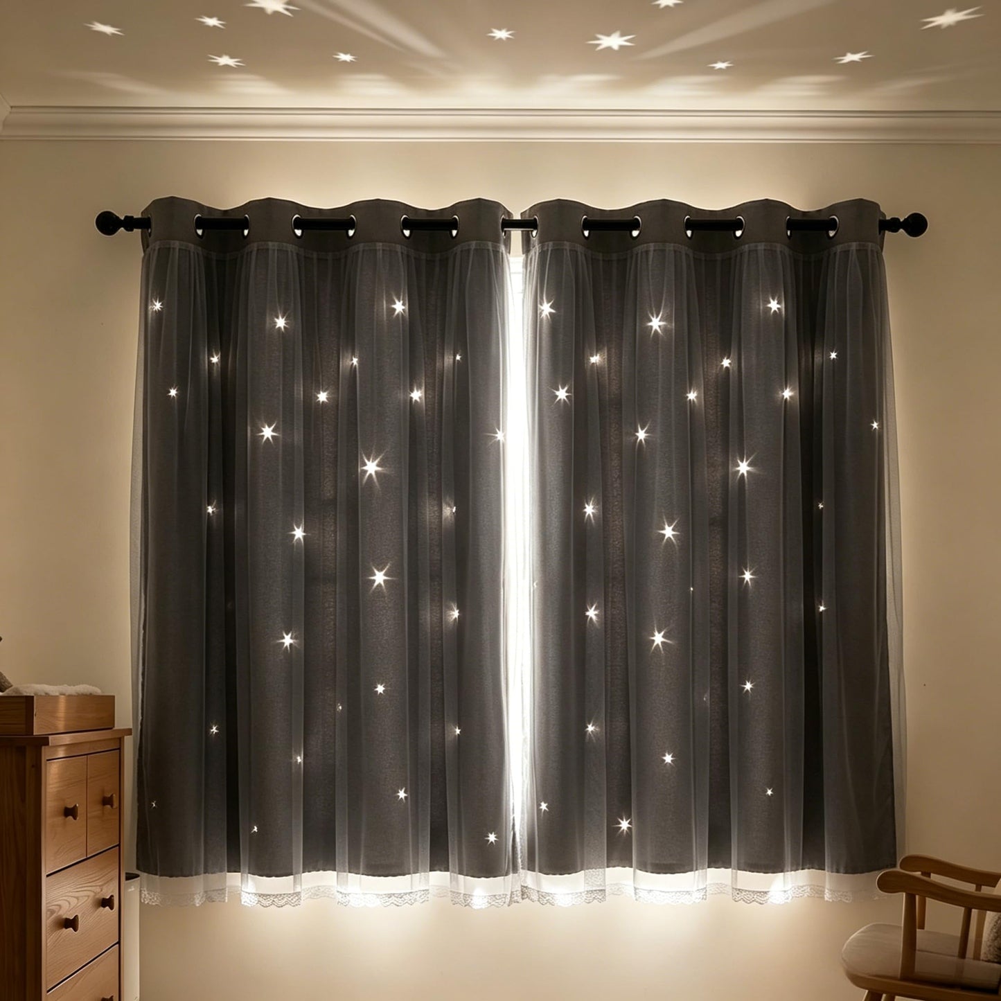 Kinryb Grey Star Cut-Out Blackout Curtains Kids Curtain Mix and Match Curtain for Nursery Grommet Top Small Curtains Thermal Insulated Drape for Bedroom 42" W x 45" L Grey 2 Panels 2 Tiebacks