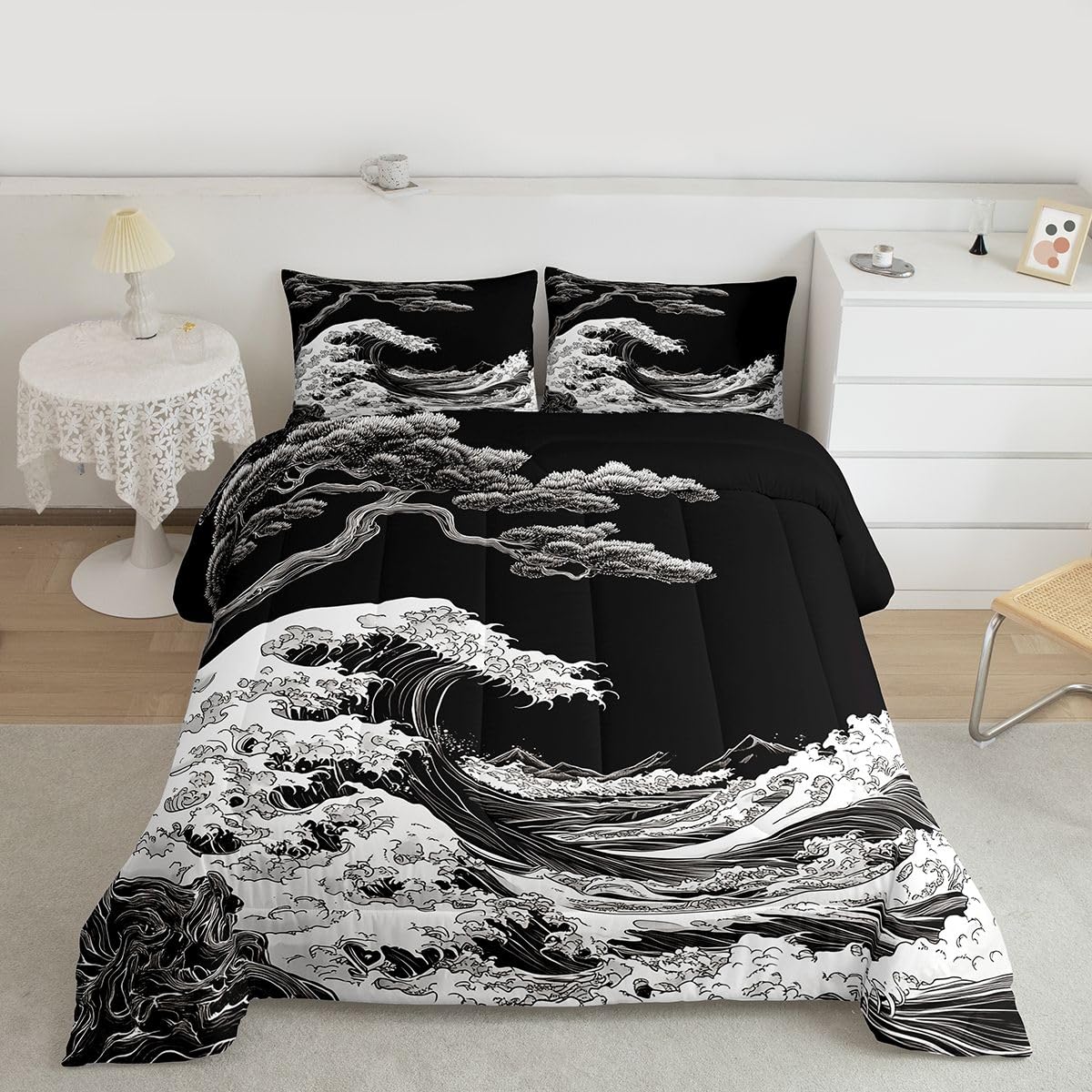 jejeloiu Wave Comforter Set All Season Japanese Style Bedding Set with 2 Pillow Cases Ocean Wave Microfiber Kids Queen Bedclothes Bedroom Decor Duvet Quilt Breathable Soft Lightweight