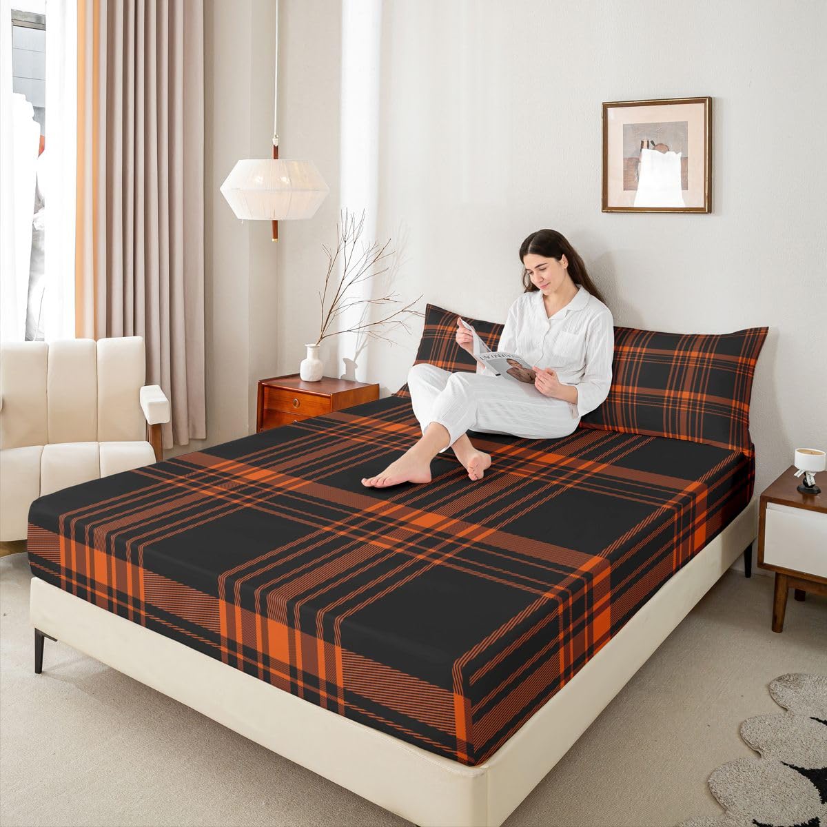 jejeloiu Classic Red Black Plaid Fitted Sheet with 1 Pillowcase Twin Size Checkerboard Bed Sheets Set 16" Deep Pocket Boys Girls Farmhouse Bedding Aesthetic Grid Teens Bedroom Decor Breathable