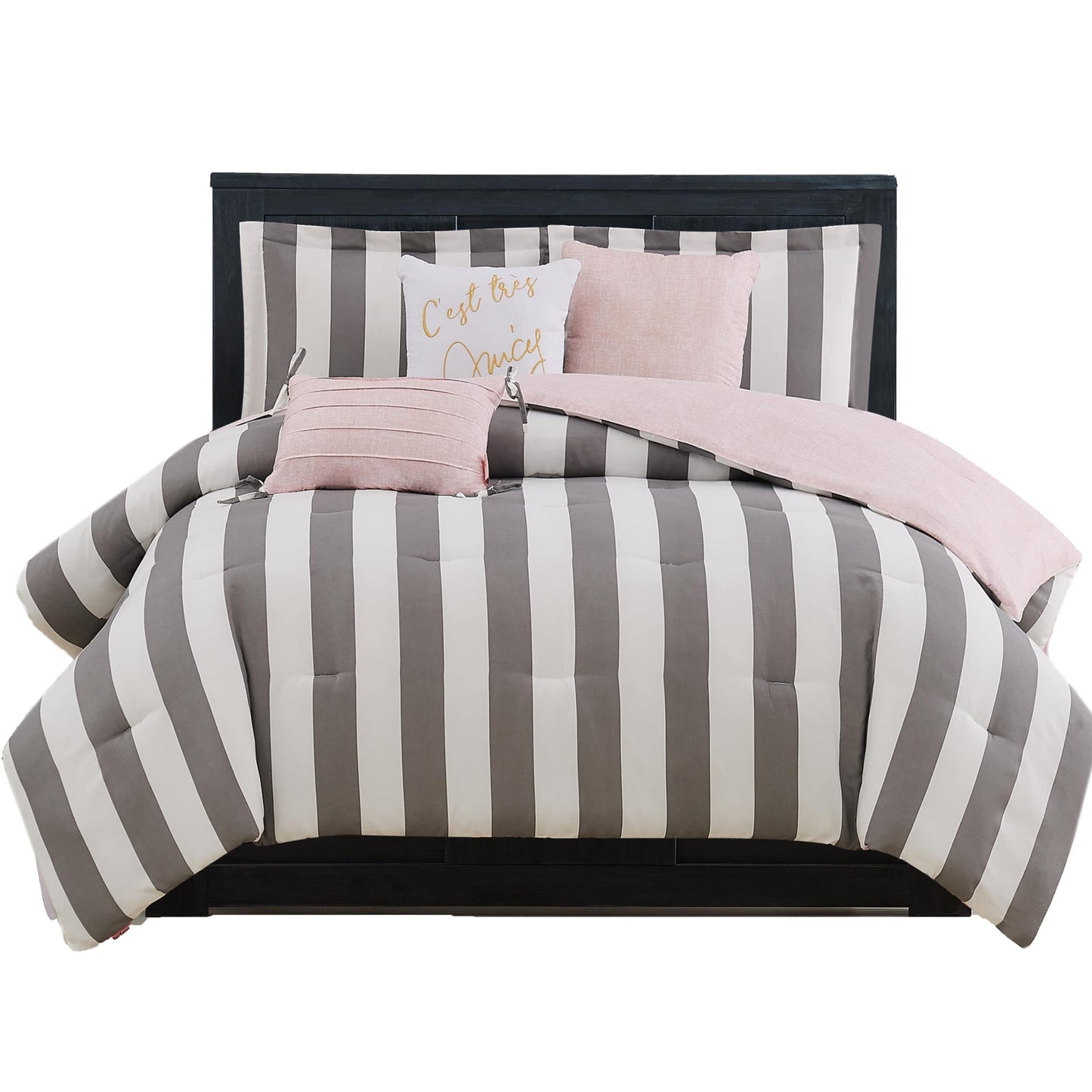 Juicy Couture JYZ012630 Cabana Stripe 6-Piece Reversible Set, Queen Grey/White