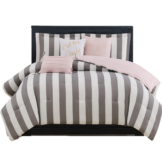 Juicy Couture JYZ012630 Cabana Stripe 6-Piece Reversible Set, Queen Grey/White